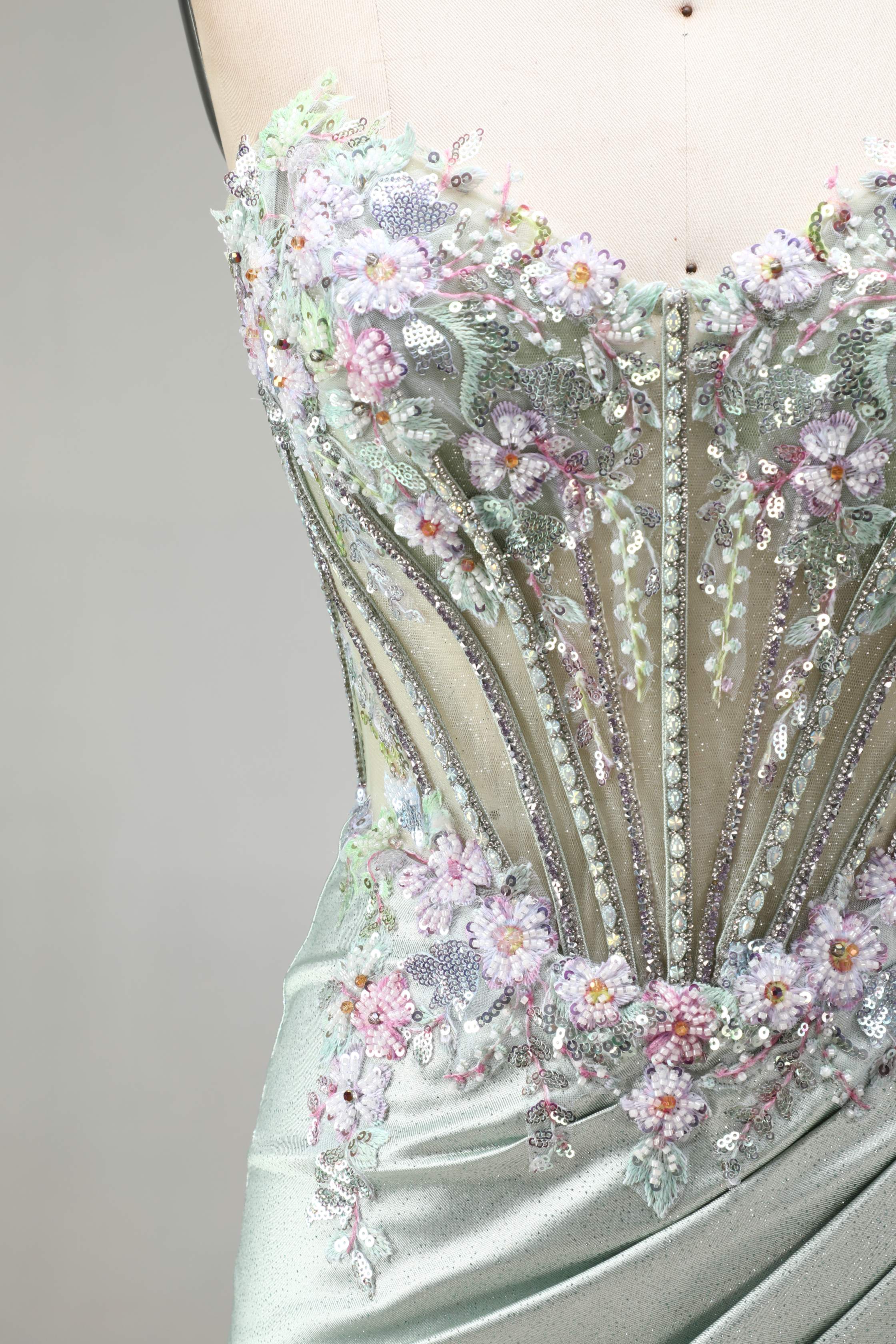 SPU - 608S20LF027 Sage Beaded Corset Slit Mermaid Gown
