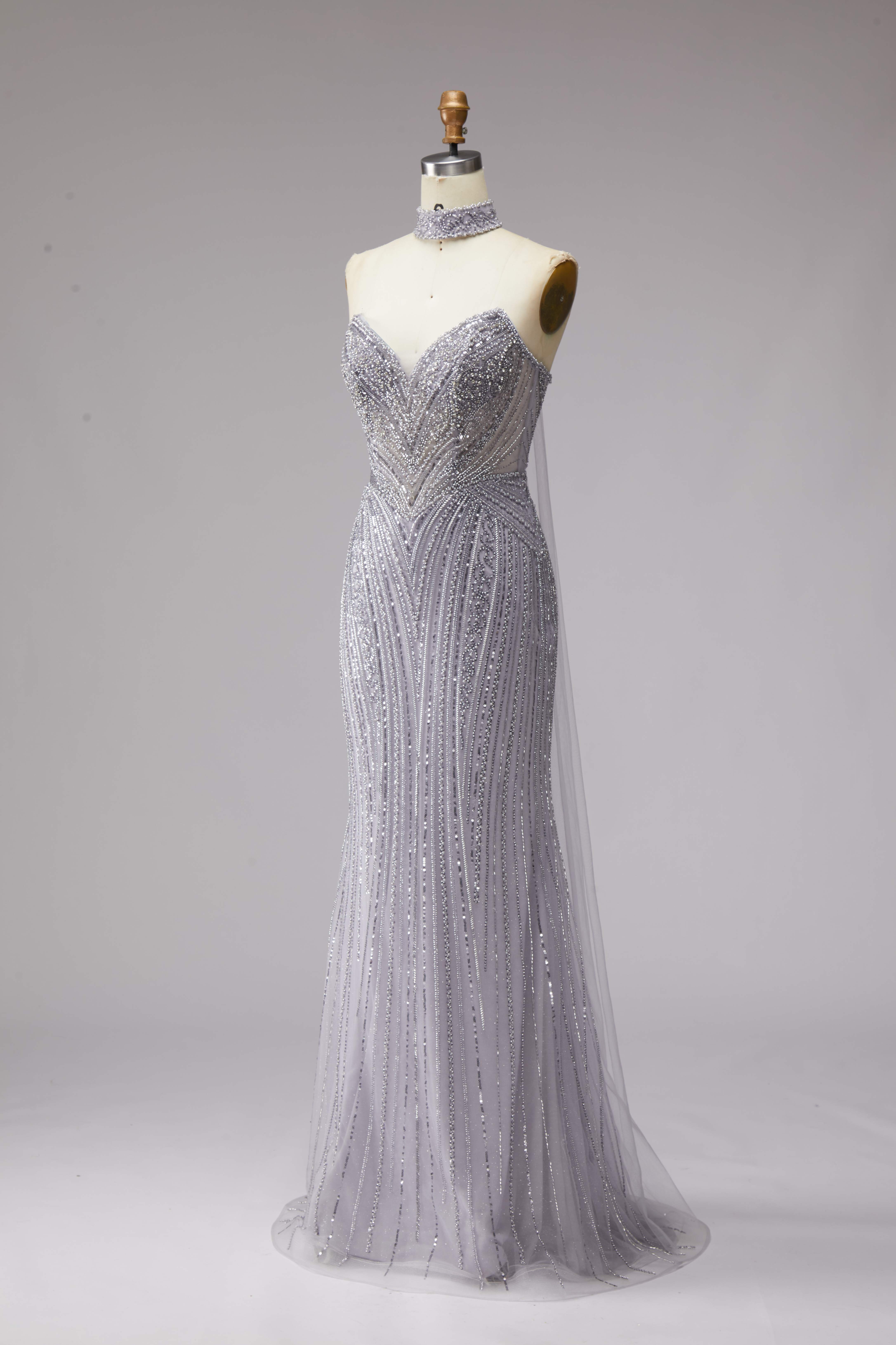 SPU - 608S40LF005 Silver‑Grey Beaded Sweetheart Mermaid Dress