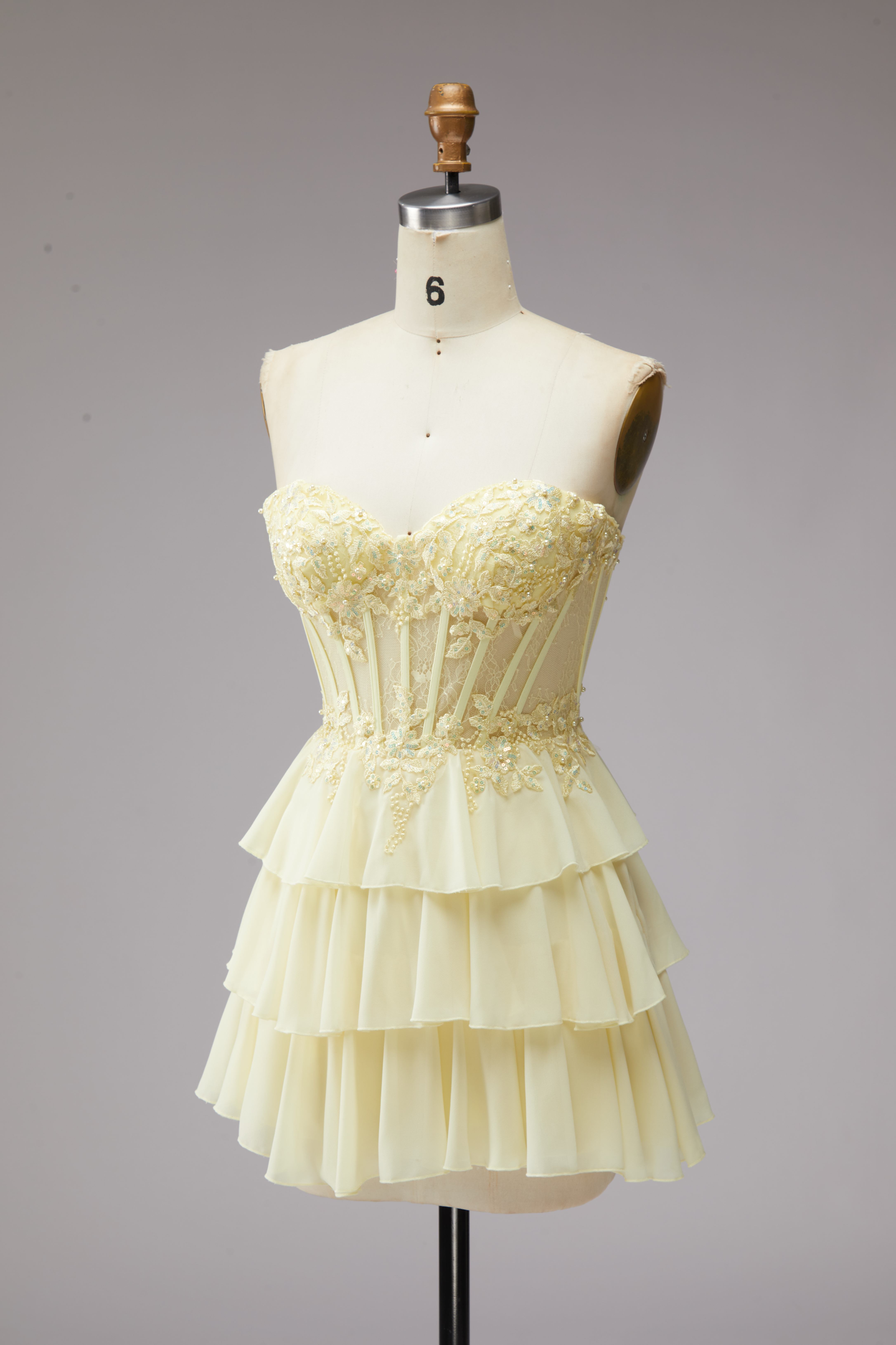 SPU - 608S02LF0034 Pale Yellow Lace Tiered Short Party Dress
