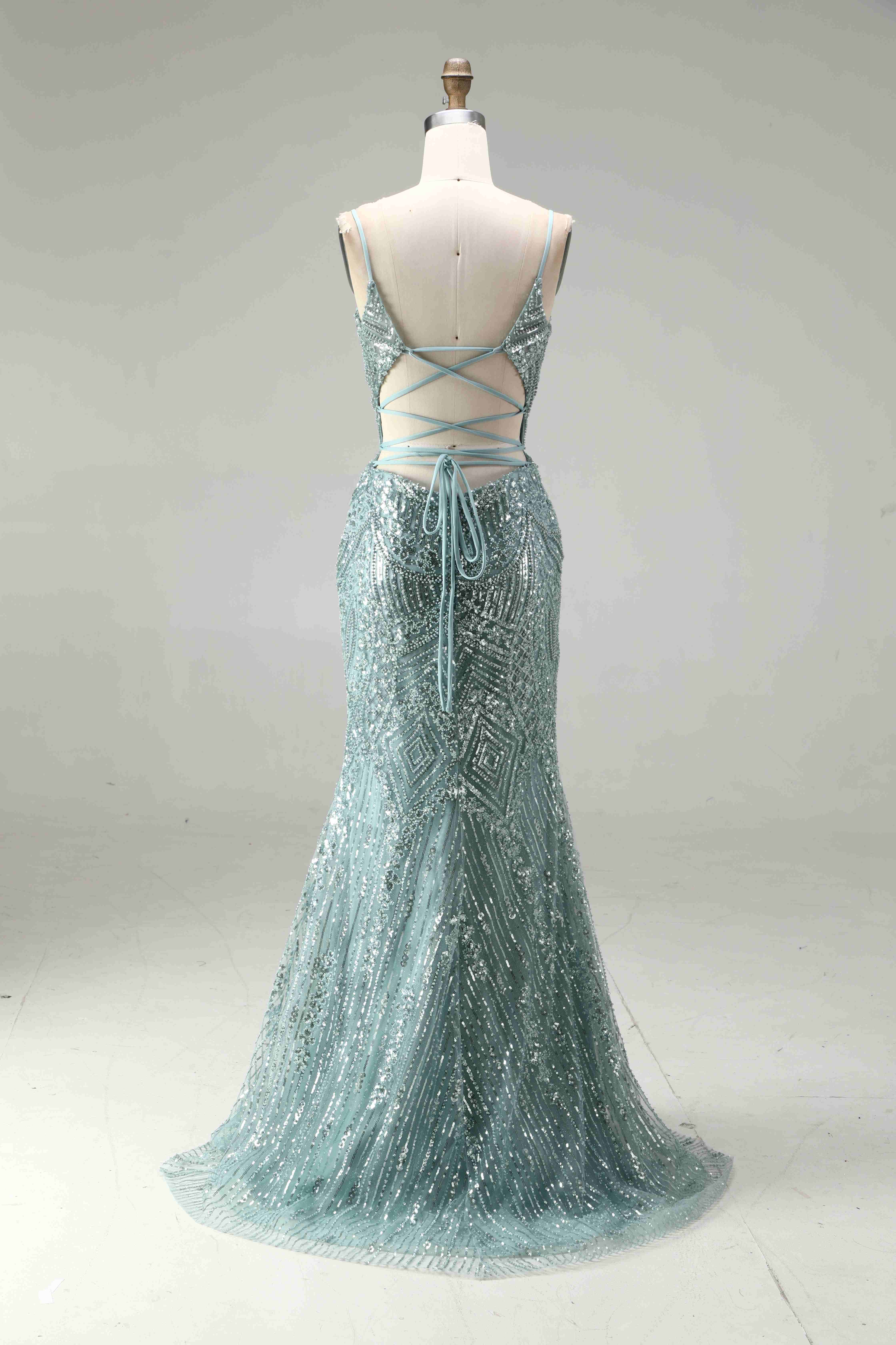 SPU - 608S40LF006 Sage Green Beaded Slit Spaghetti Strap Gown
