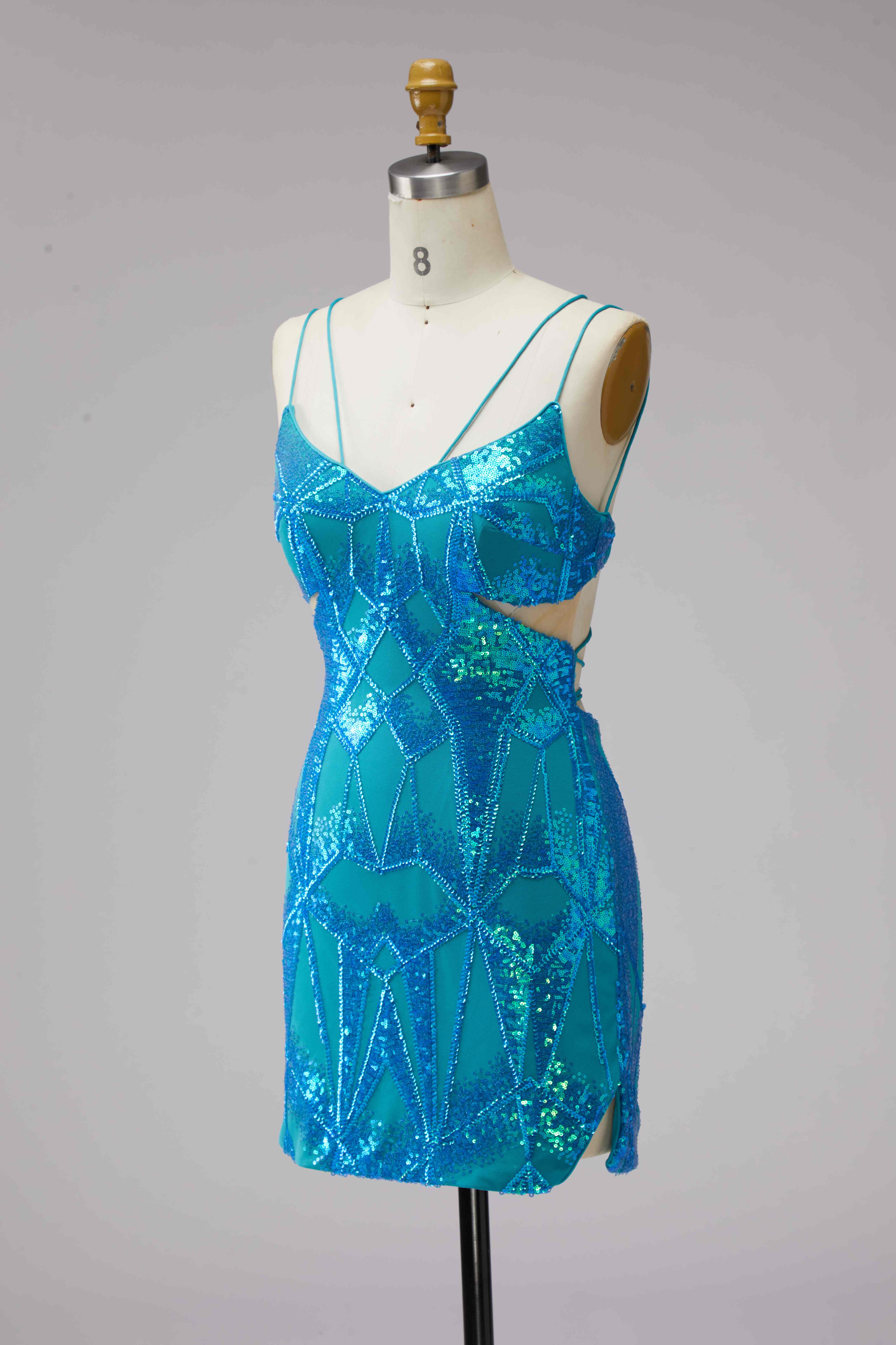 SPU - 608S40LF007 Turquoise Sequin Cut‑Out Spaghetti Strap Mini Dress