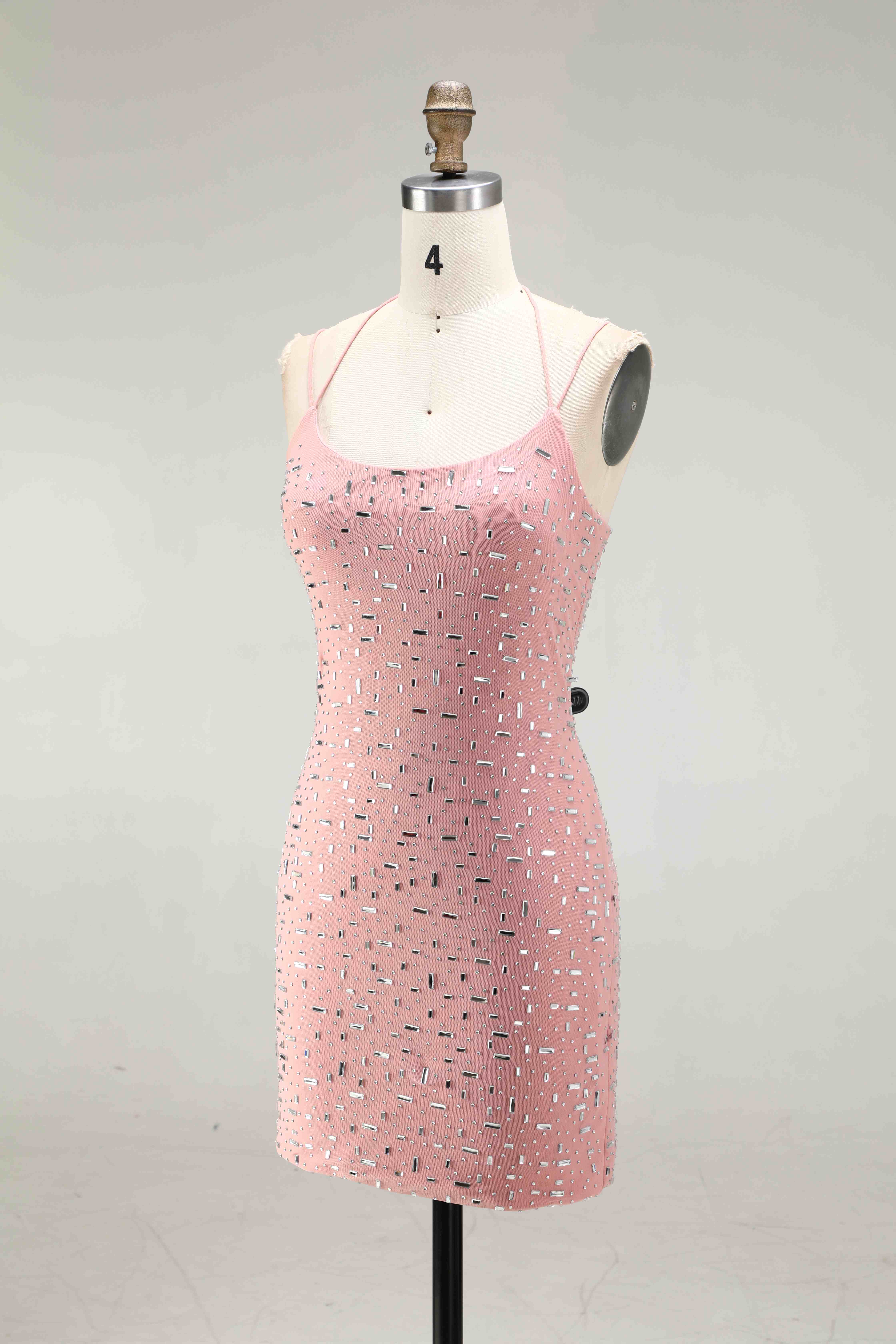 SPU - 608S40LF010 Pink Spaghetti Strap Beaded Bodycon Dress