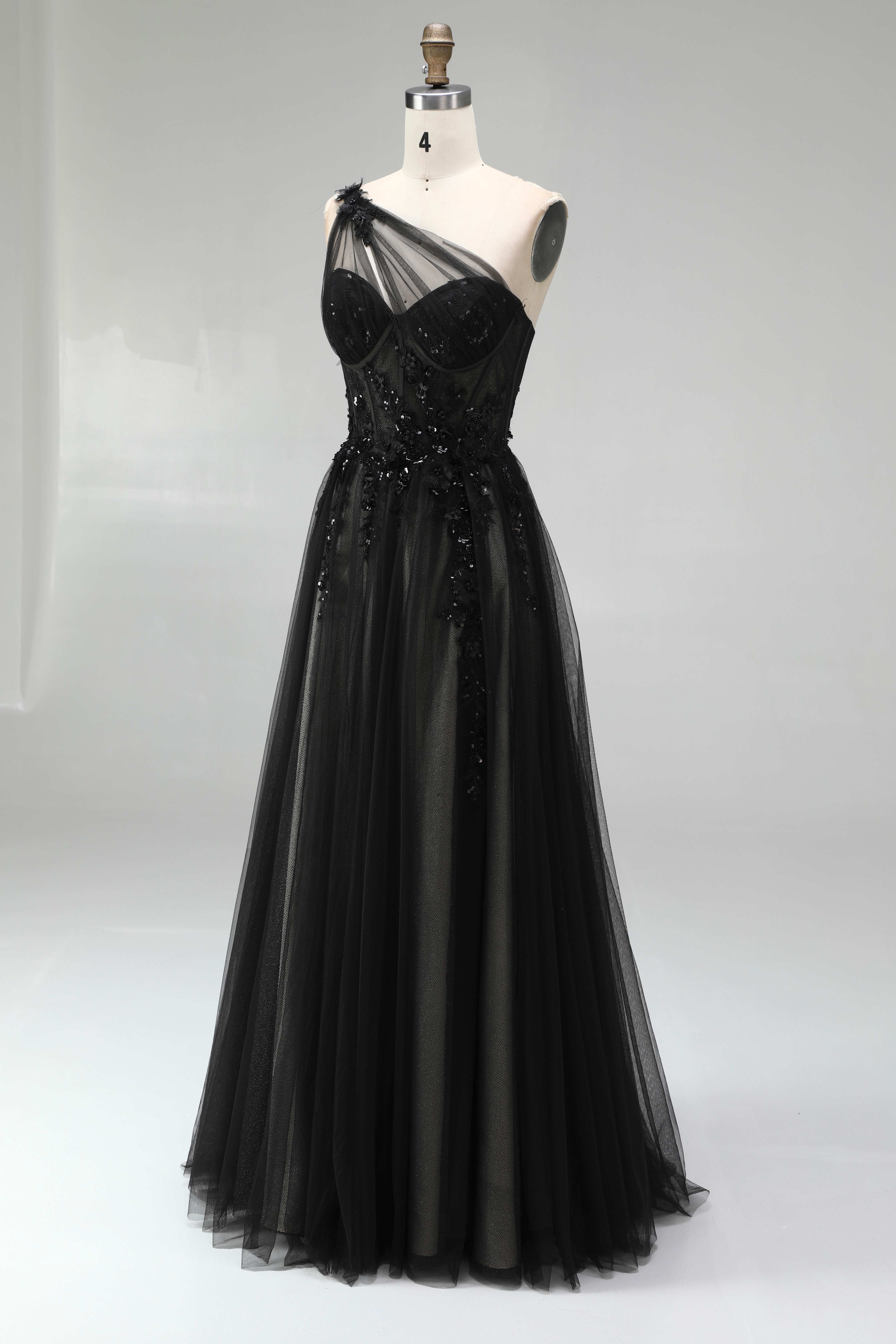 SPU - 608S20LF001 One‑Shoulder Tulle Lace A‑Line Evening Gown