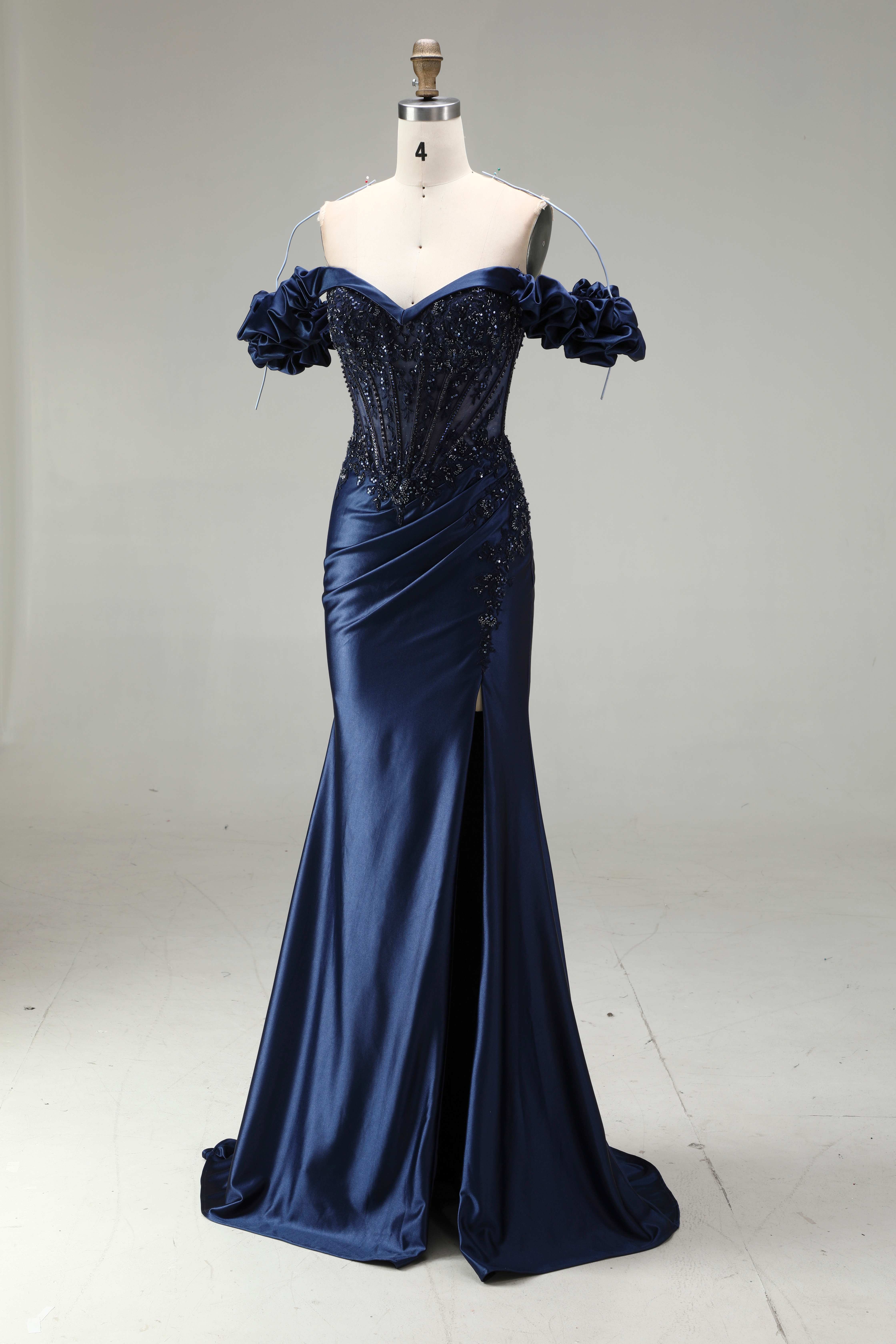 SPU - 608S20LF002 Navy Blue Off‑Shoulder Slit Mermaid Gown