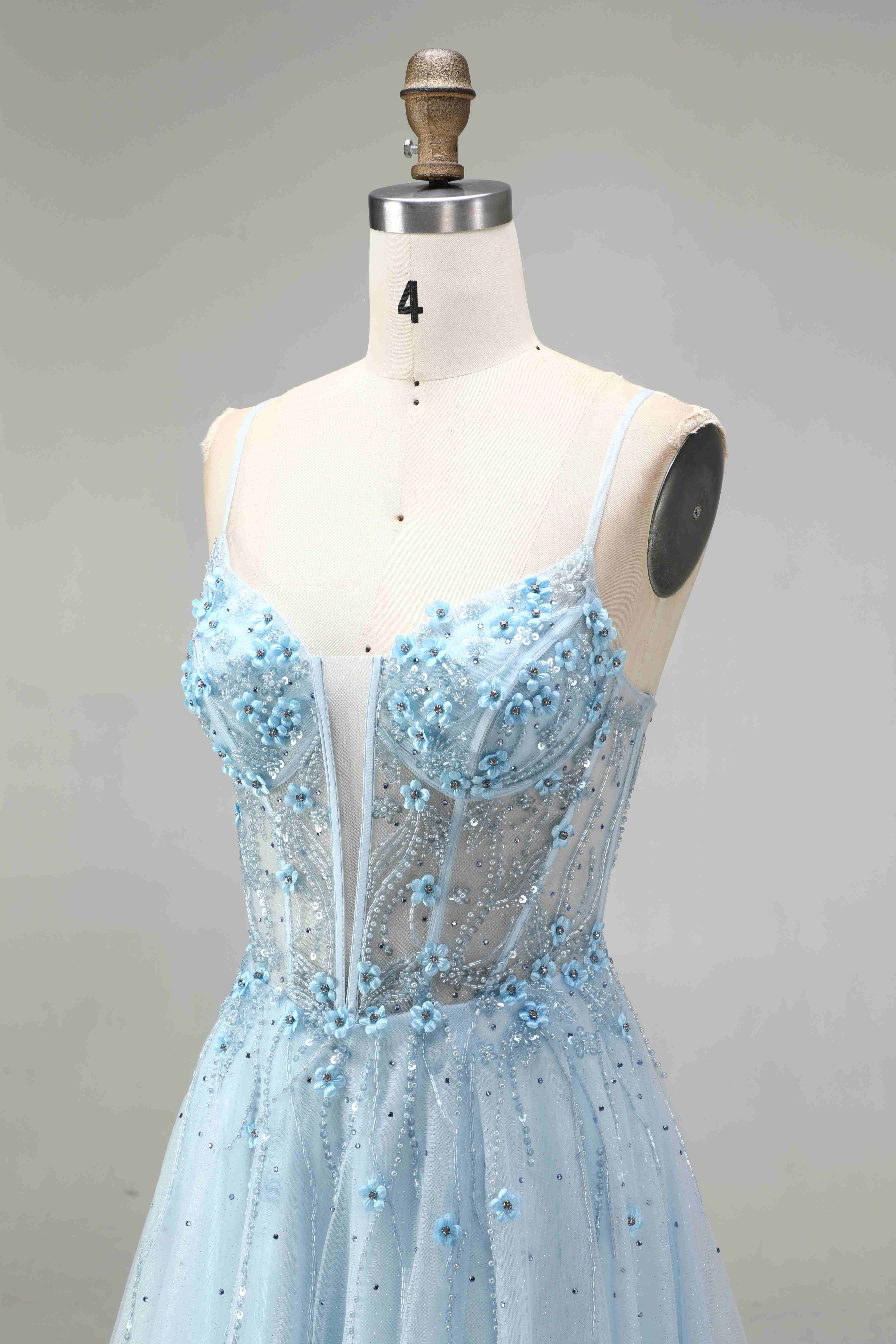 SPU - 608S20LF012 Sky Blue Beaded Spaghetti Strap A‑Line Gown