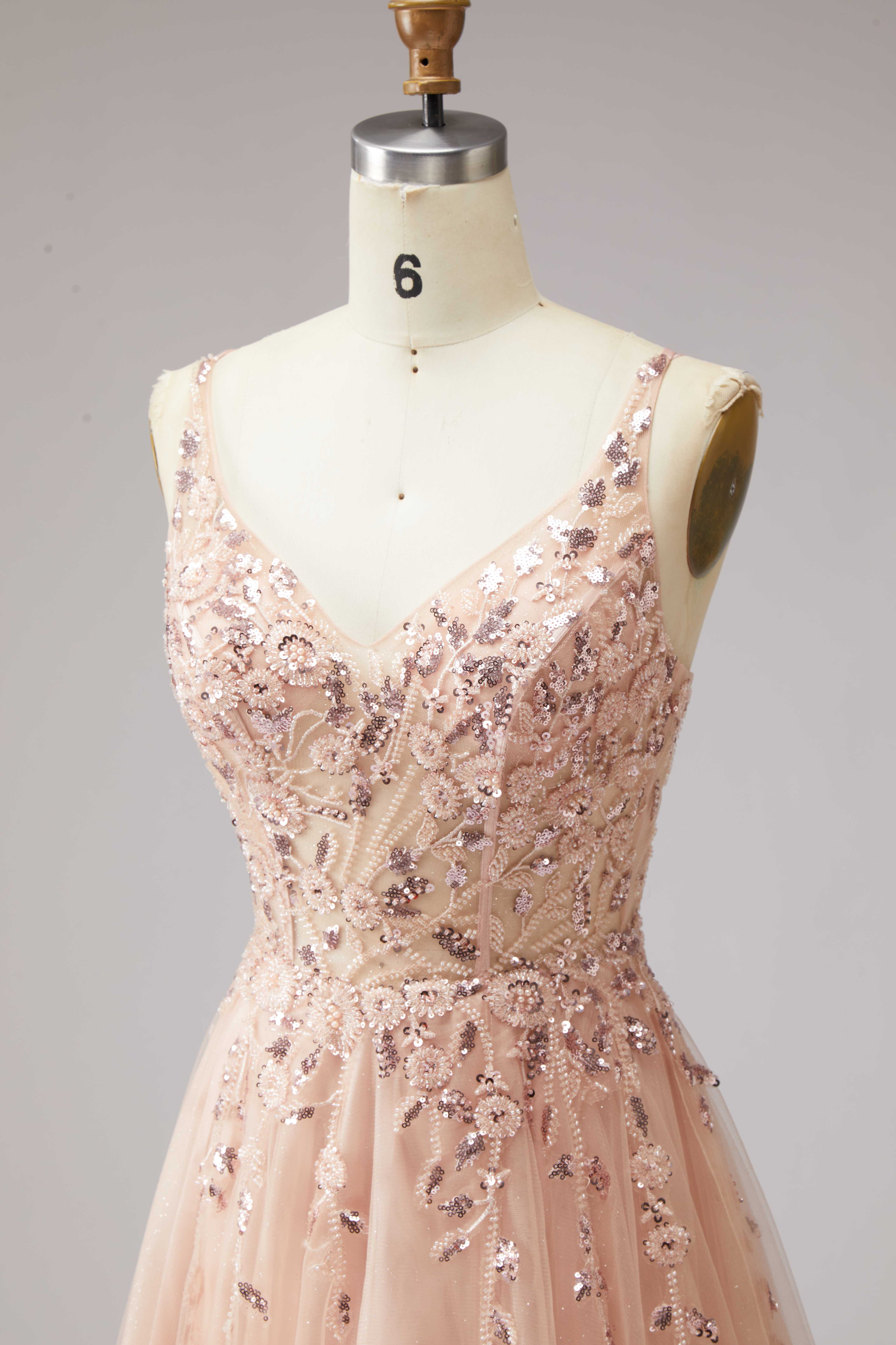 SPU - 608S20LF013 Blush Pink Sequin Spaghetti Strap Prom Gown