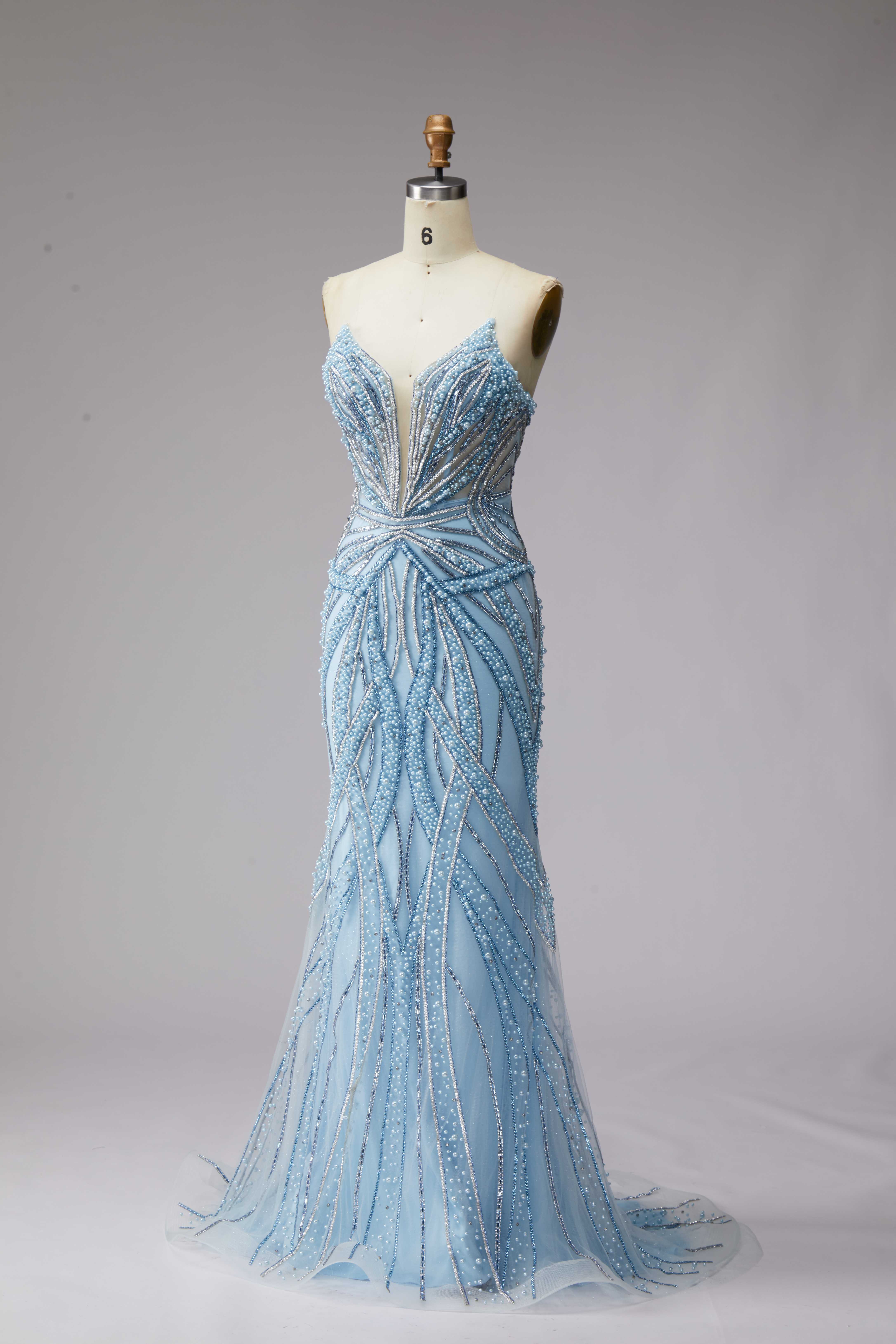 SPU - 608S20LF014 Sky Blue Beaded Strapless Mermaid Evening Gown