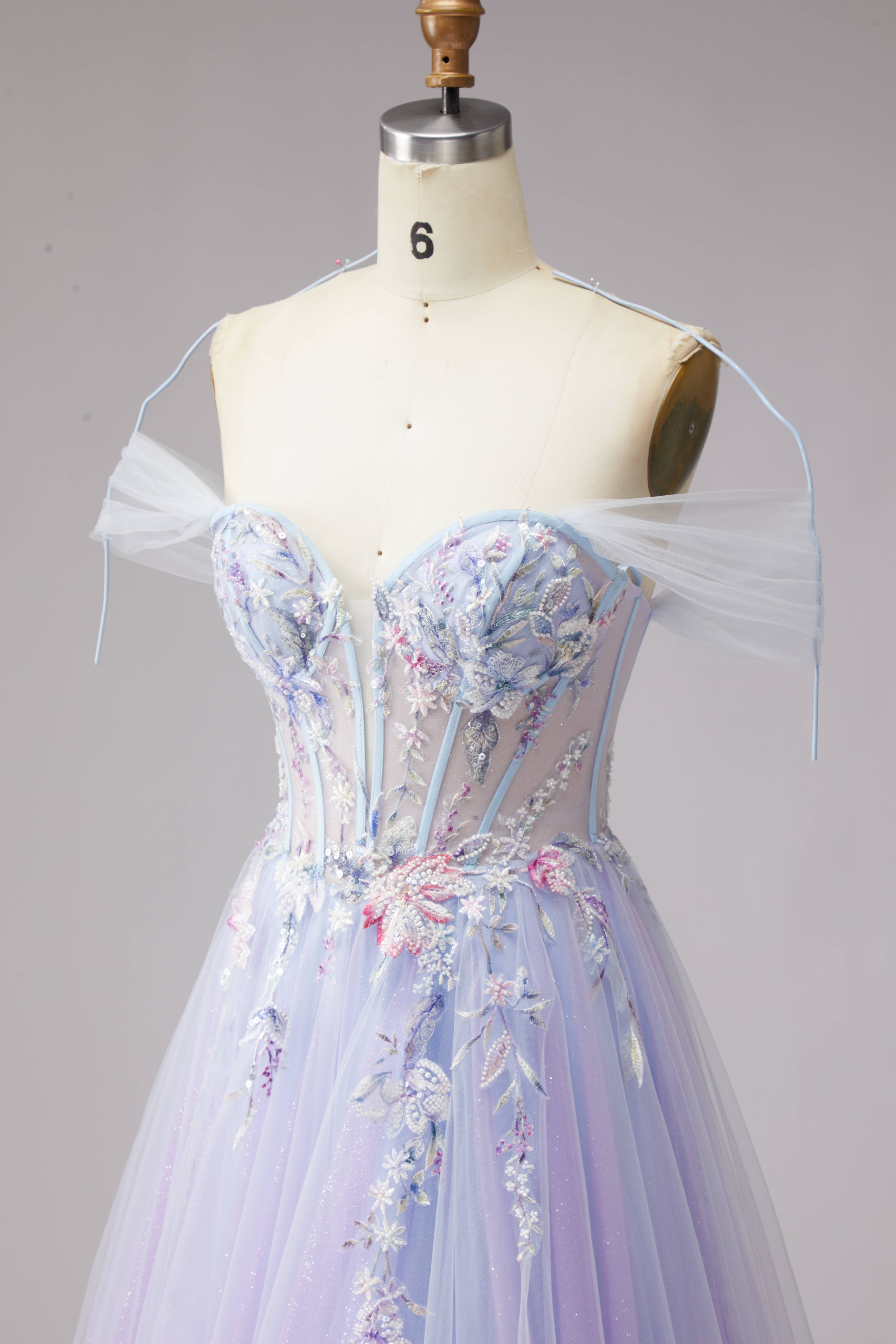 SPU - 608S20LF015 Lavender Floral Off‑Shoulder Tulle Gown