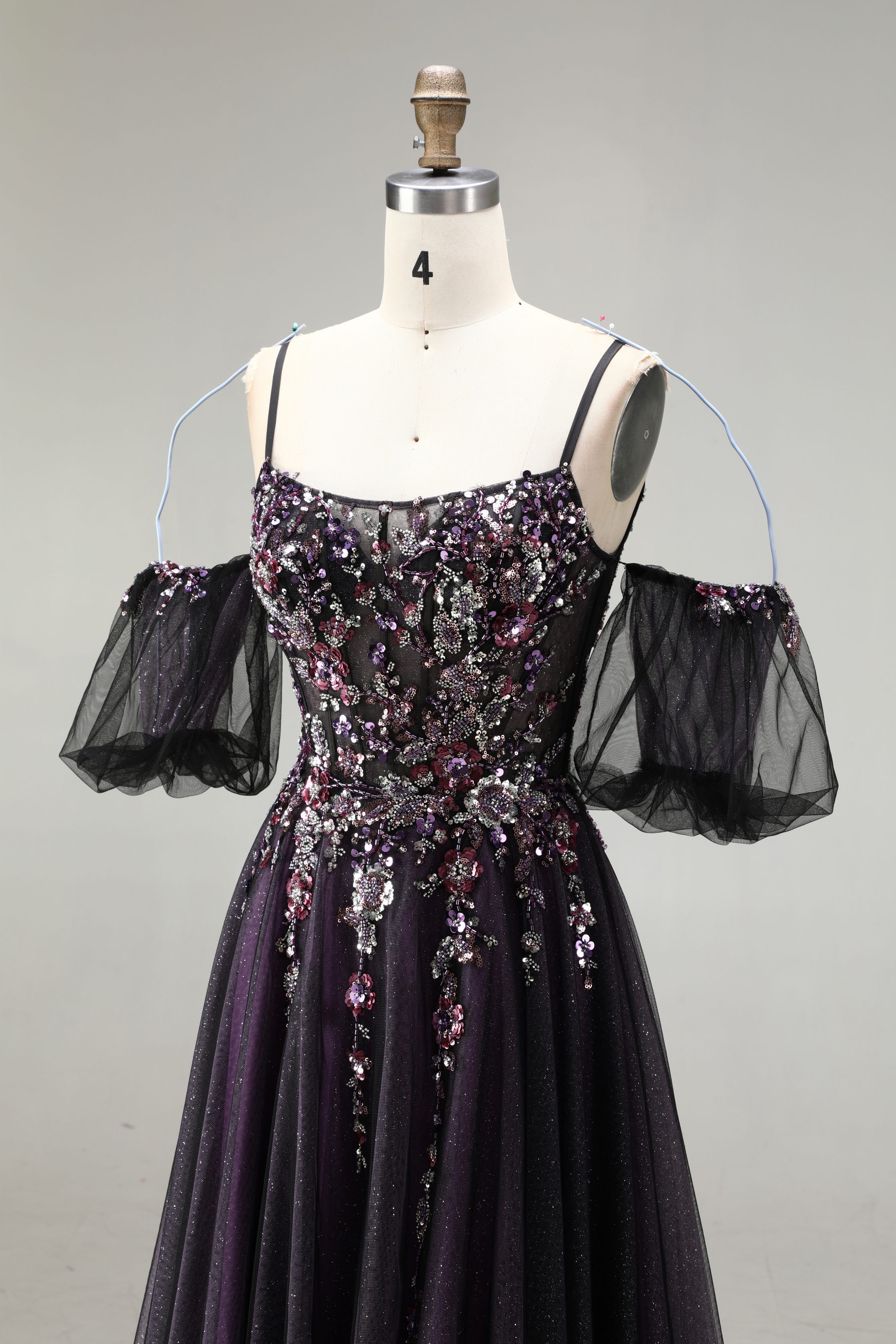 SPU - 608S20LF016 Dark Purple Floral Off‑Shoulder Tulle Gown