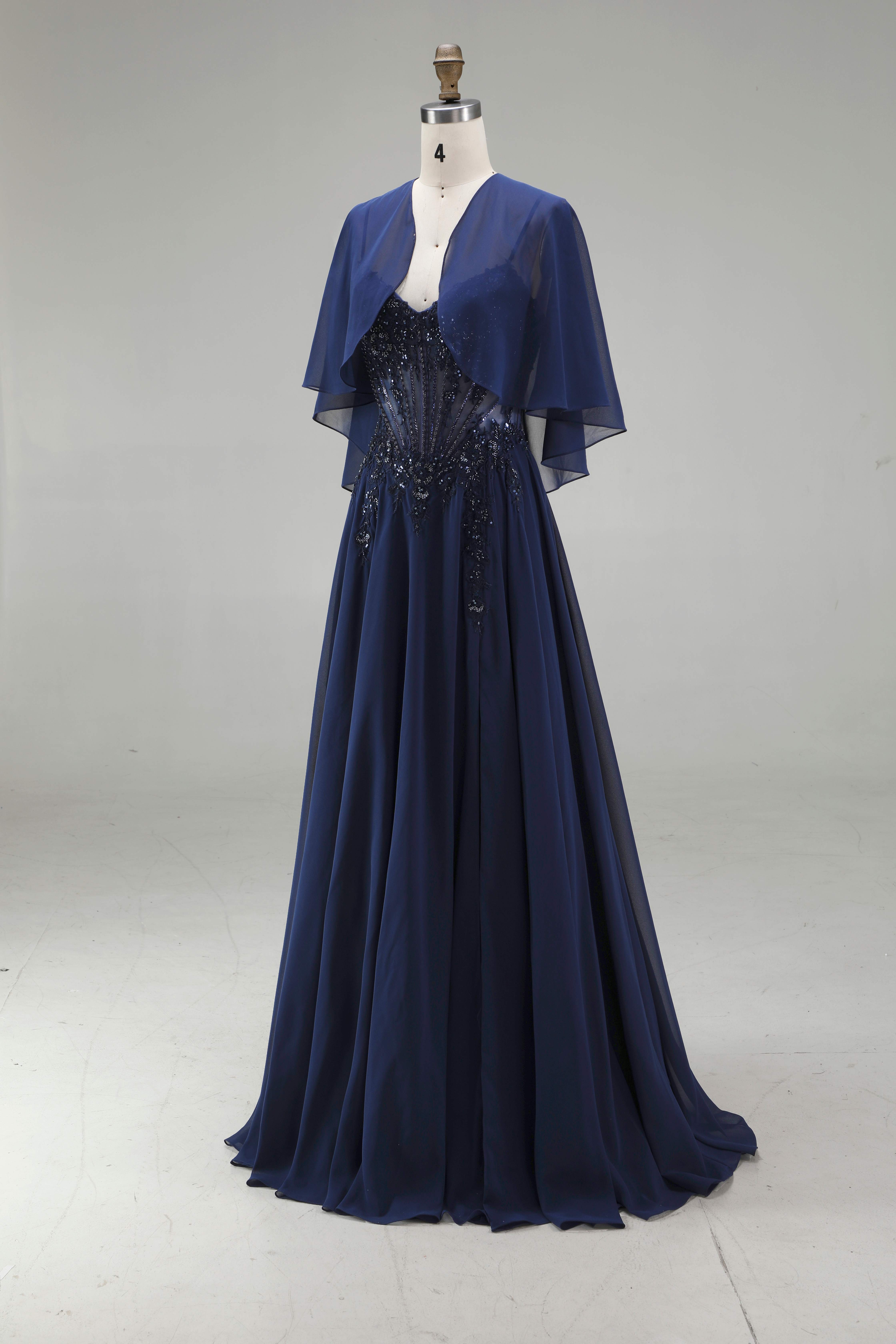 SPU - 608S20LF018 Navy Chiffon Corset Evening Gown