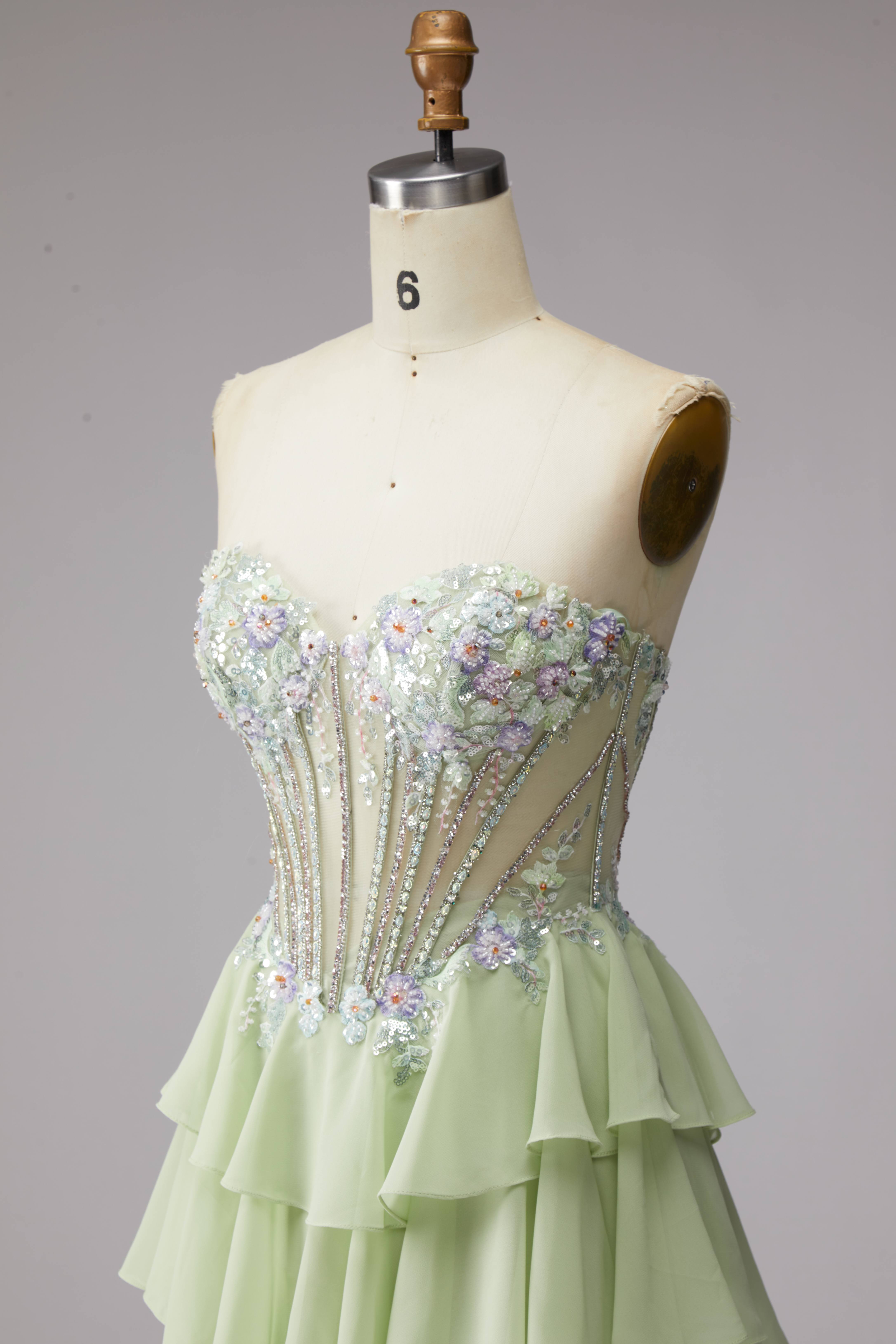 SPU - 608S20LF019 Lime Floral Tiered Prom Dress
