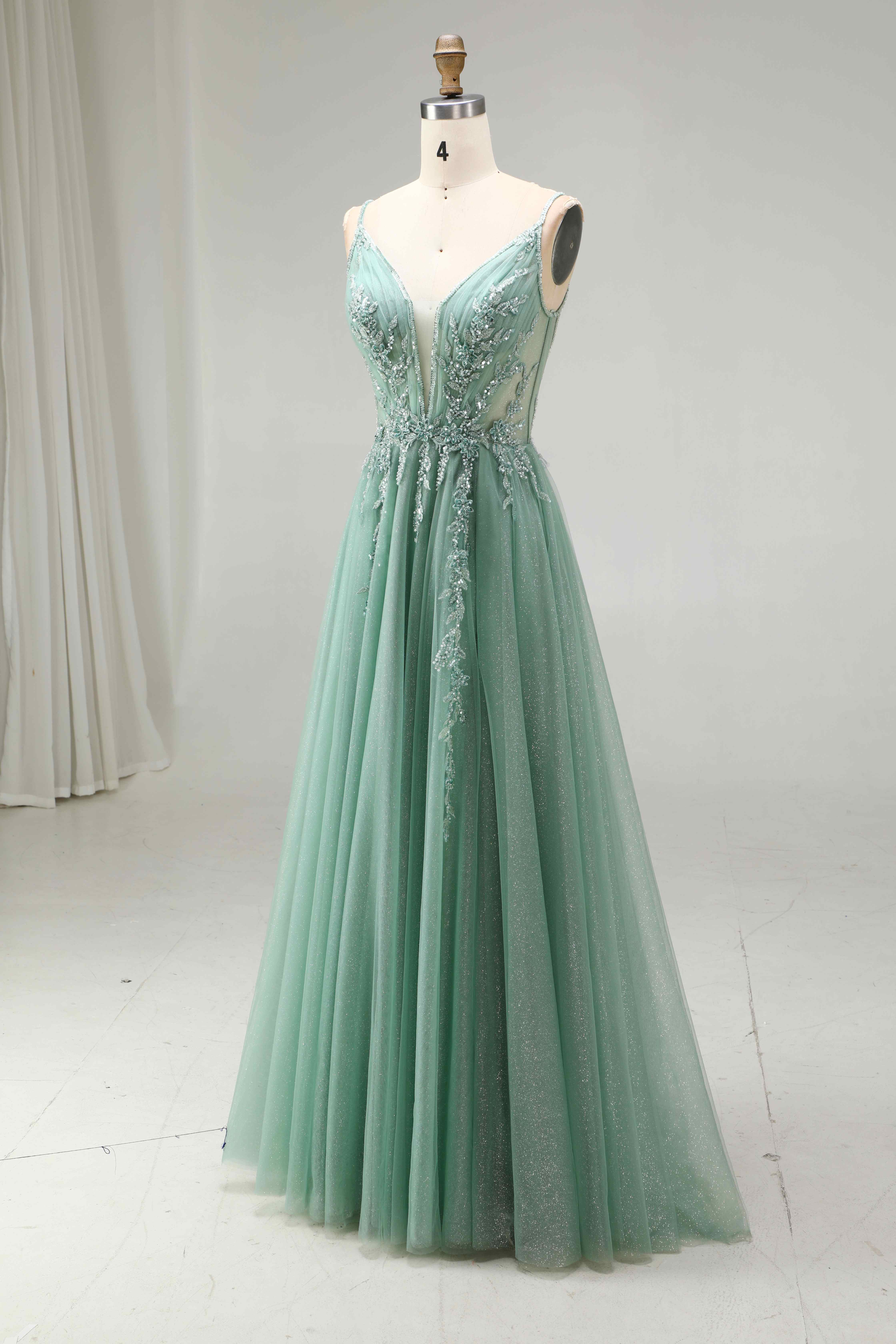 SPU - 608S20LF004 Sage Green Lace A‑Line Tulle Prom Dress