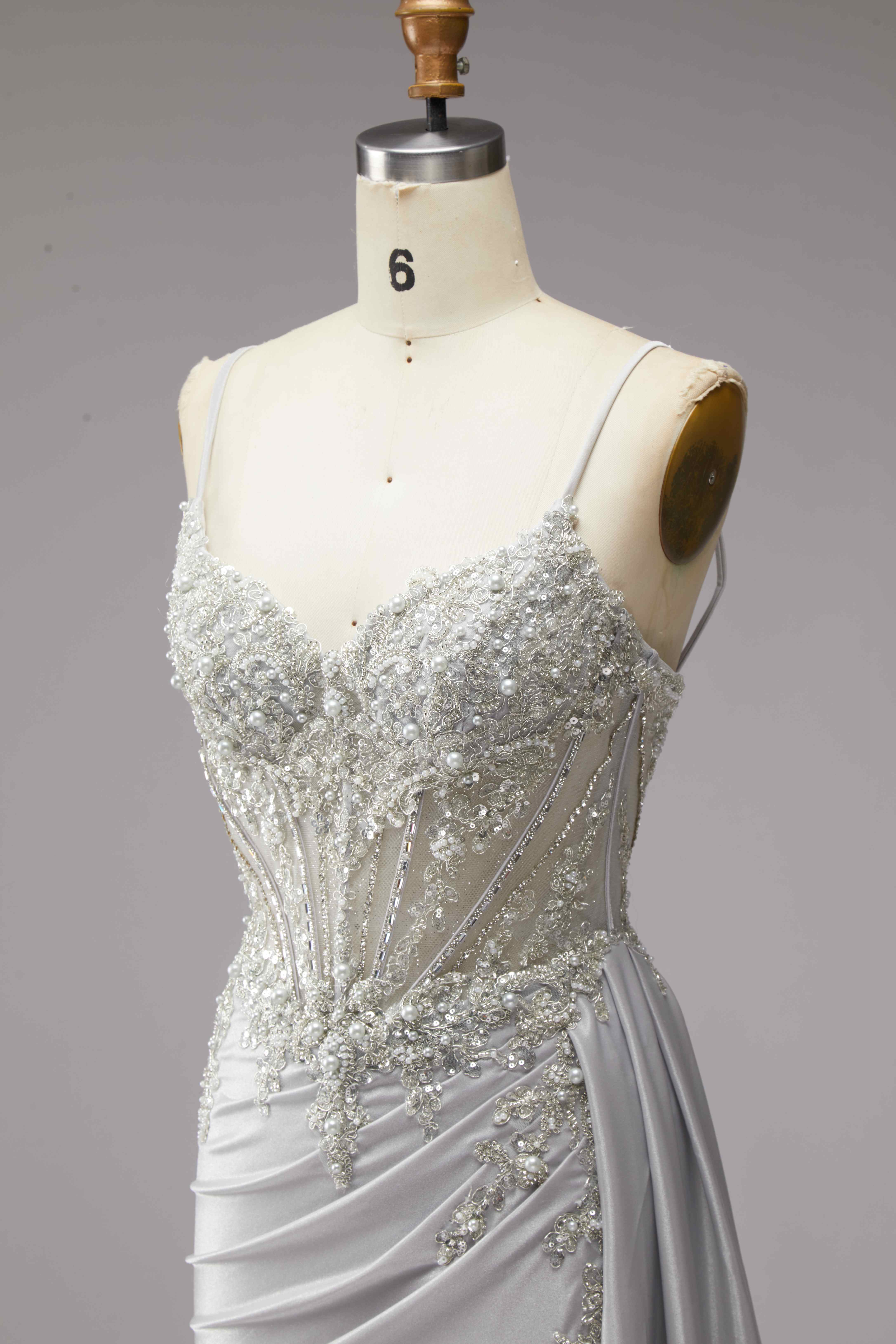 SPU - 608S20LF023 Silver Beaded Slit Prom Gown