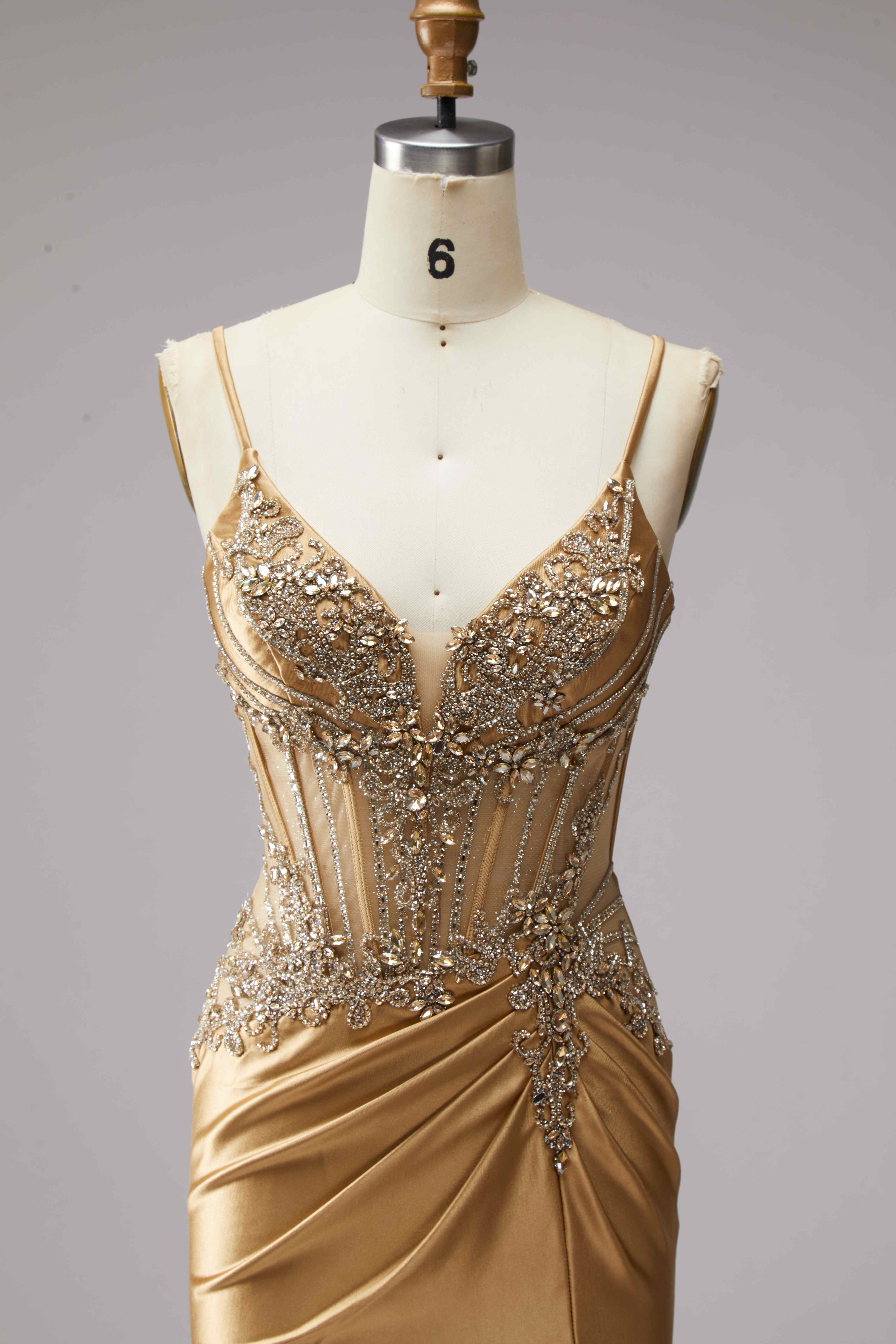 SPU - 608S20LF026 Gold Beaded Satin Evening Gown