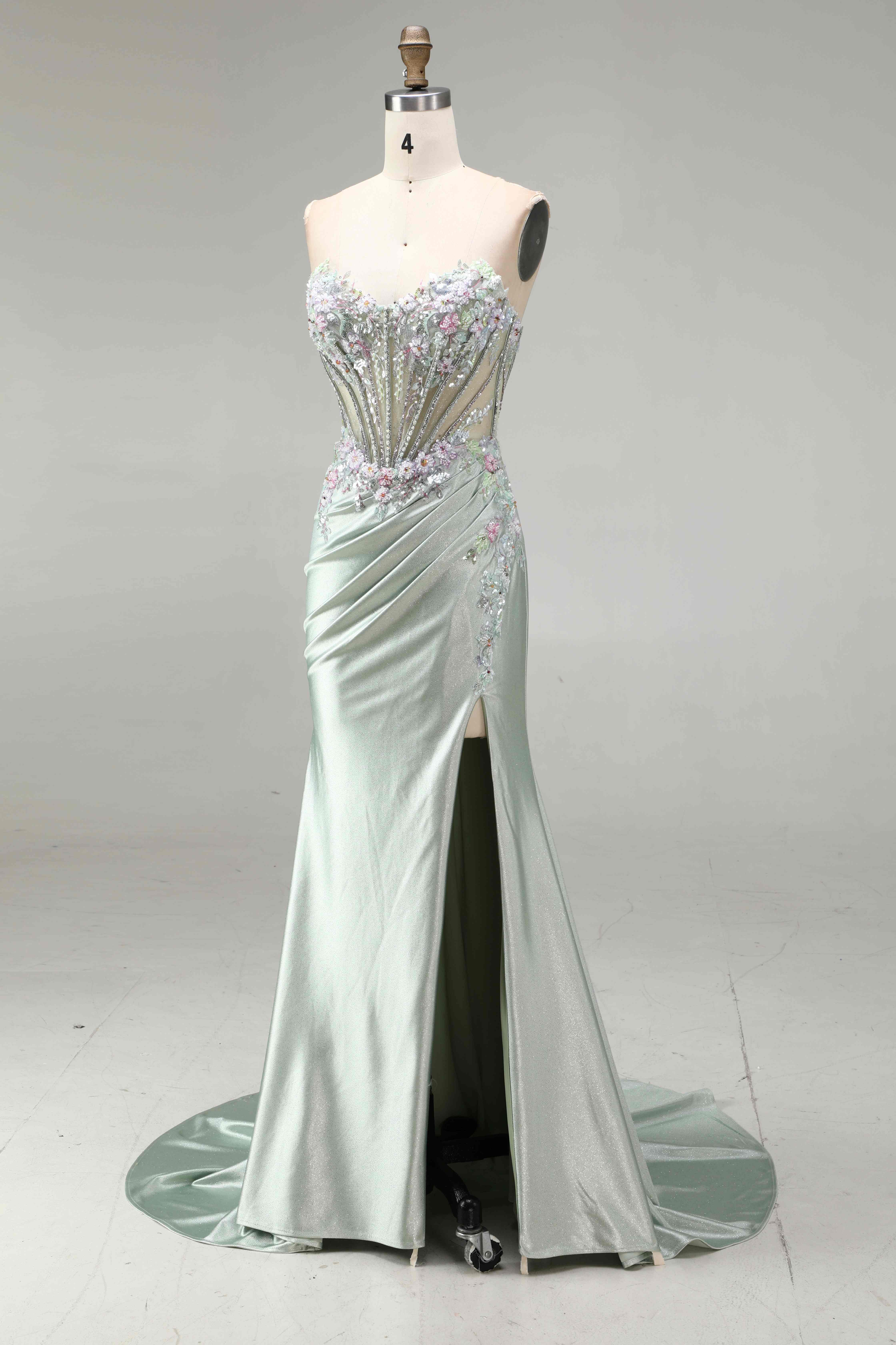 SPU - 608S20LF027 Sage Beaded Corset Slit Mermaid Gown