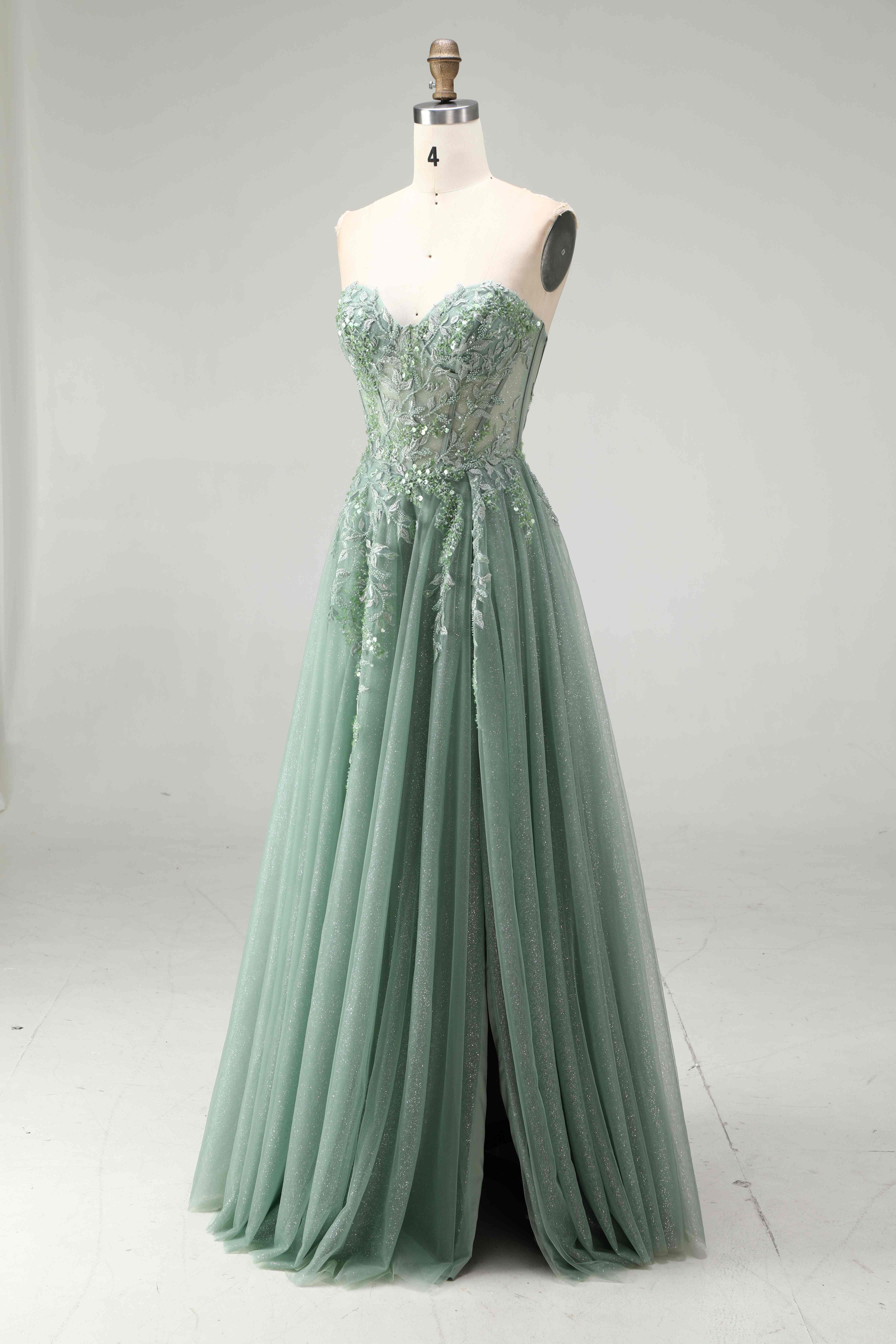 SPU - 608S20LF030 Sage Lace Appliqued Tulle Prom Dress