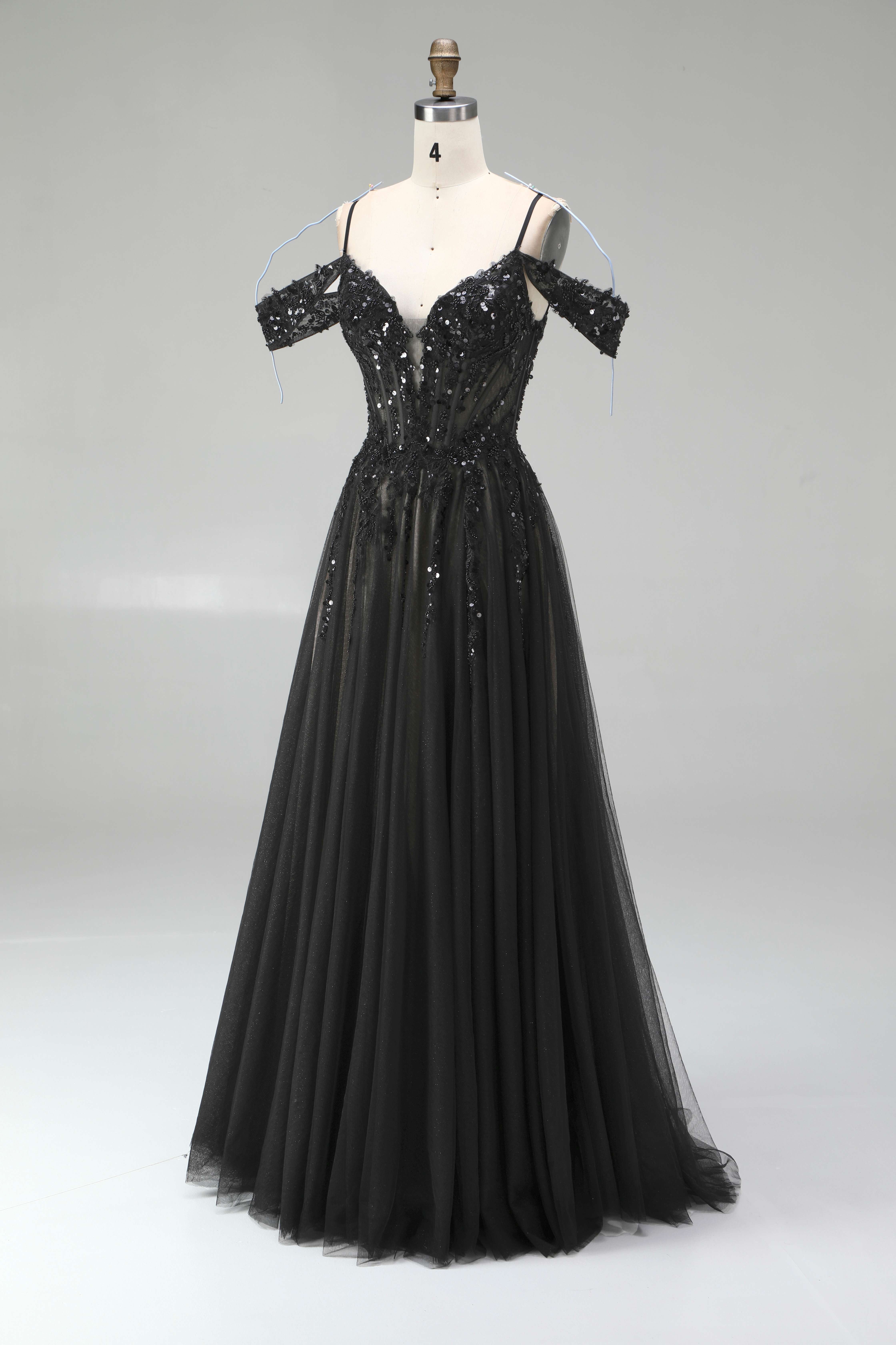 SPU - 608S20LF031 Black Off‑the‑Shoulder Tulle Evening Gown