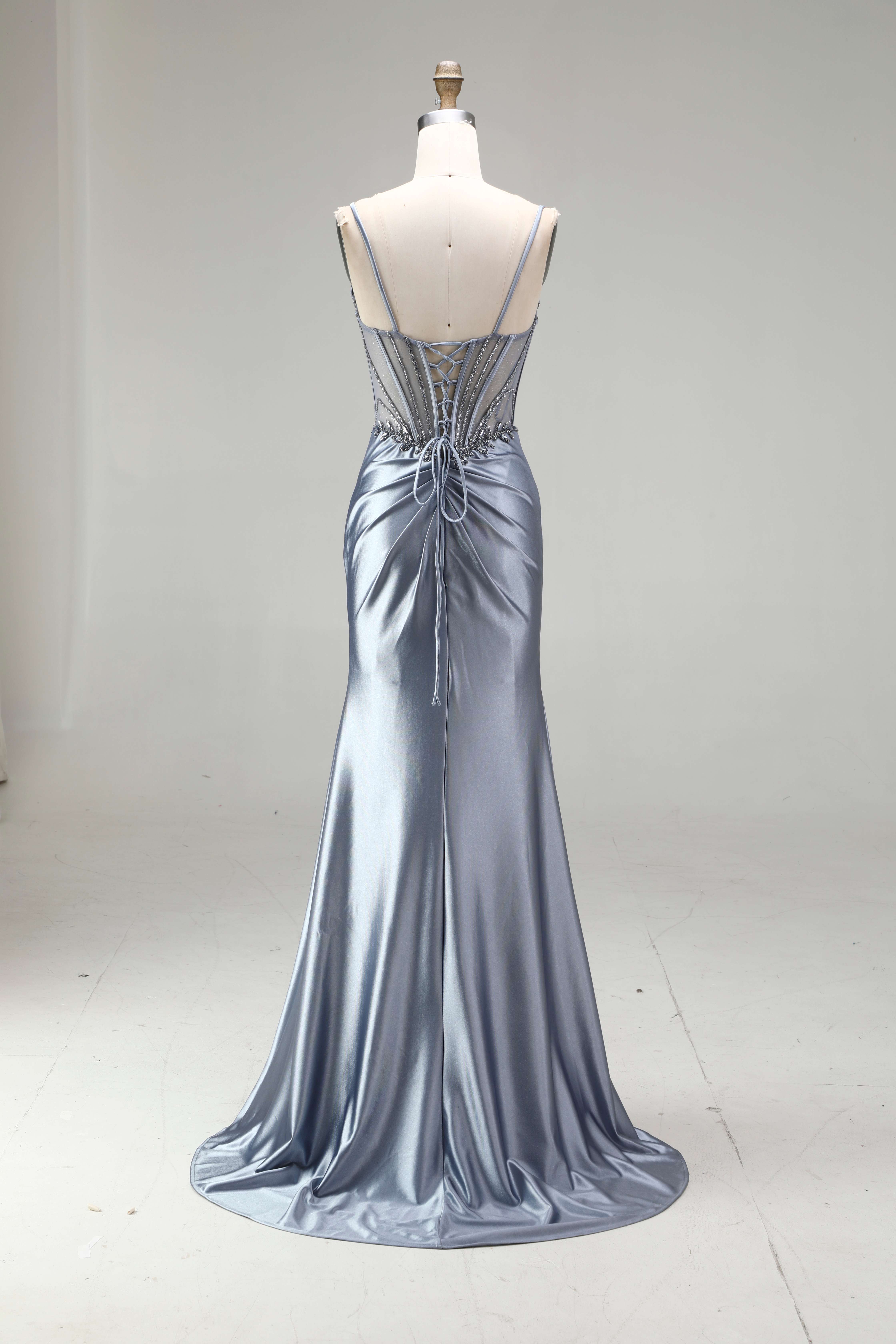 SPU -608S20LF005 Dusty Blue Satin Ruched Slit Mermaid Gown