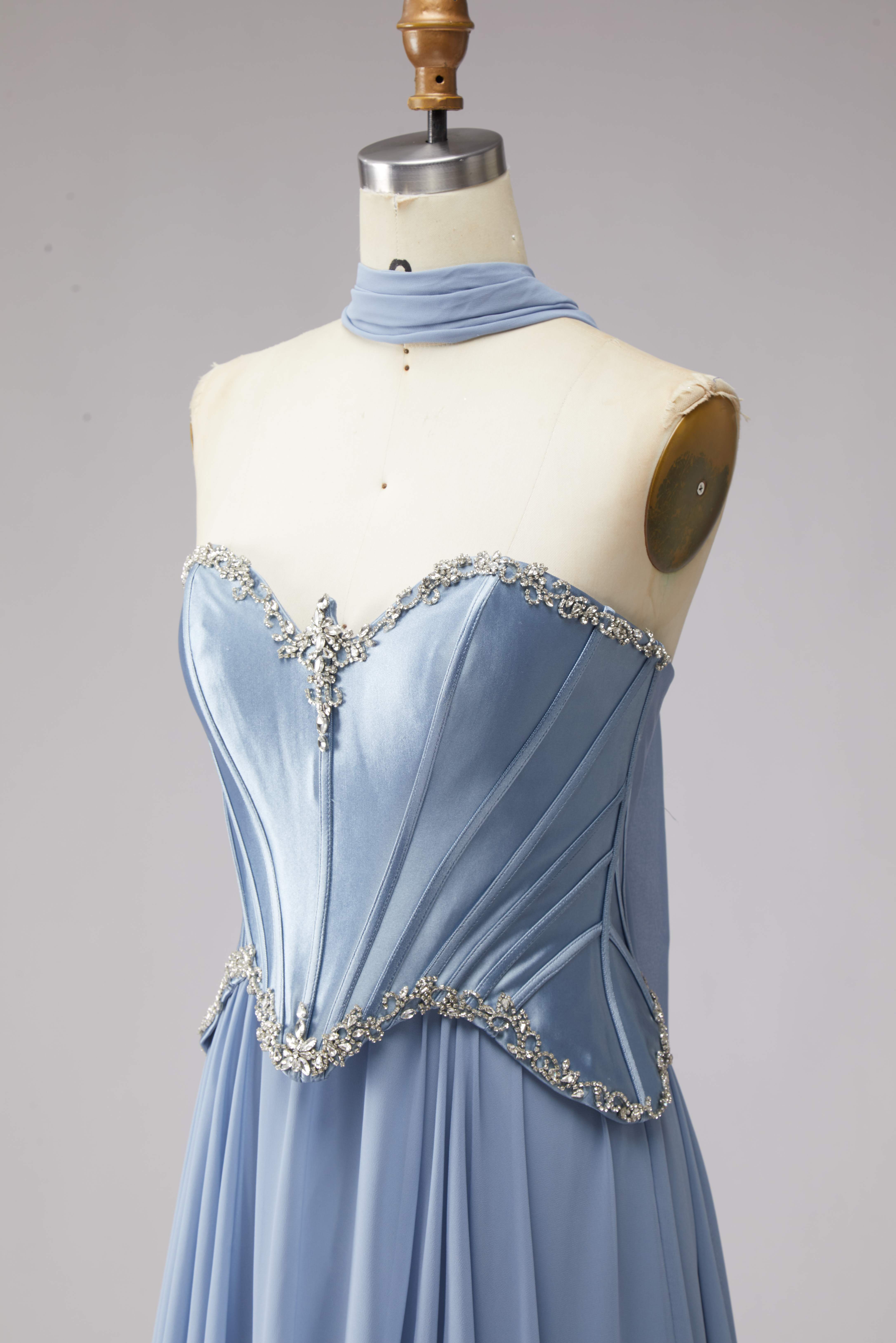 SPU - 608S20LF007 Slate Blue Strapless Sash Chiffon Gown