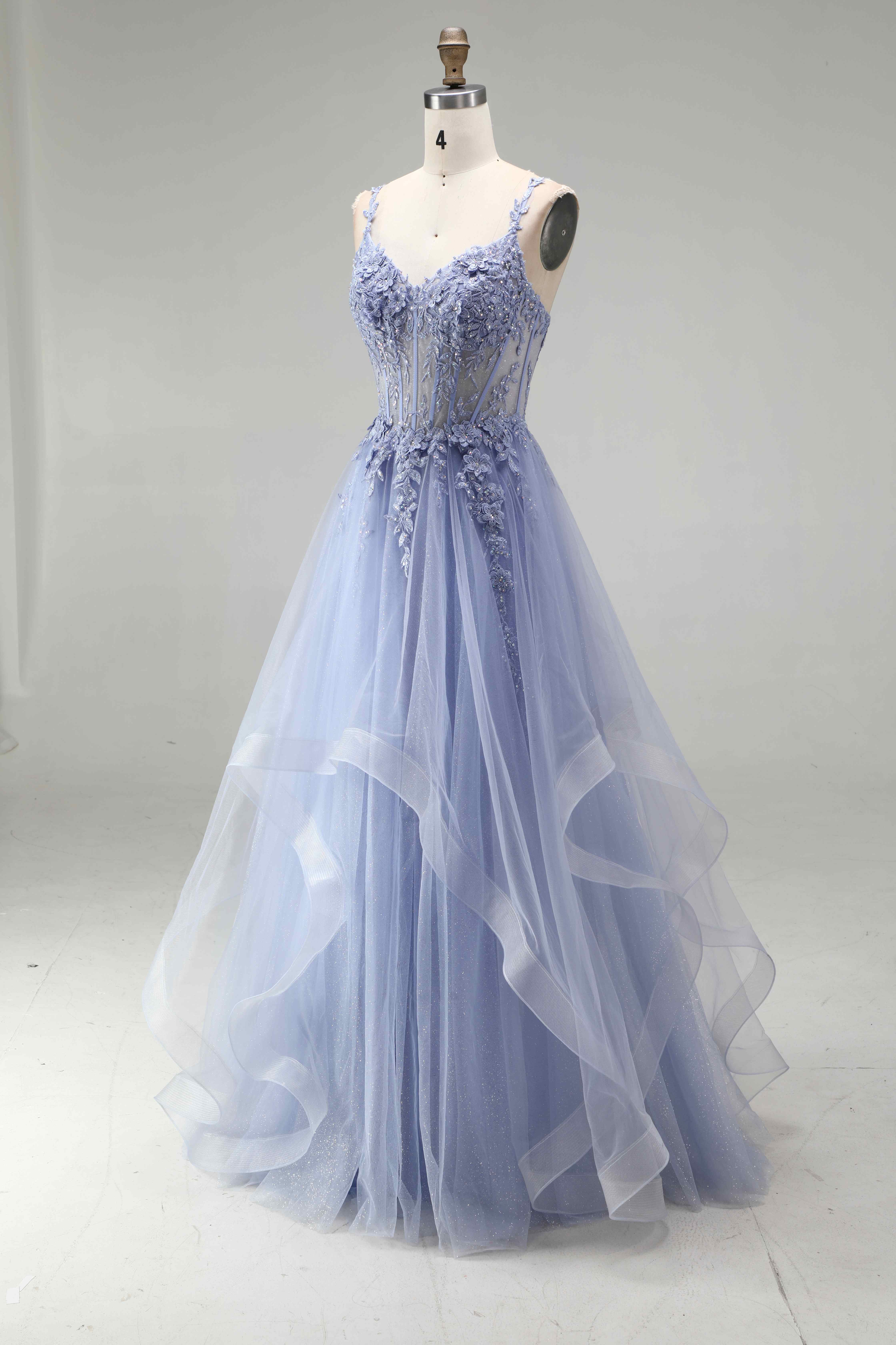 SPU - 608S20LF008 Lavender Blue Floral Tiered Tulle Gown