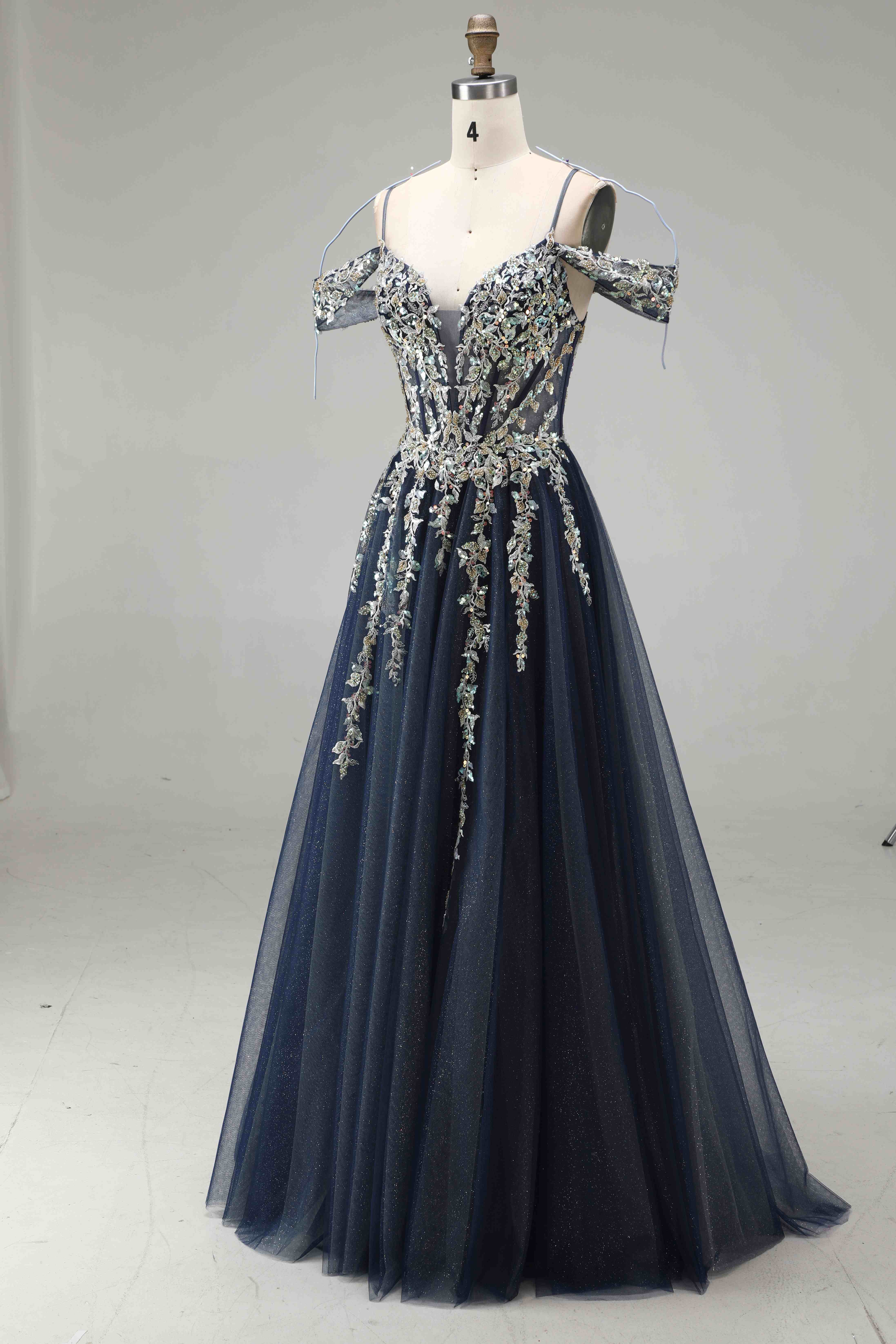 SPU - 608S20LF009 Navy Blue Gold Lace Off‑Shoulder Gown