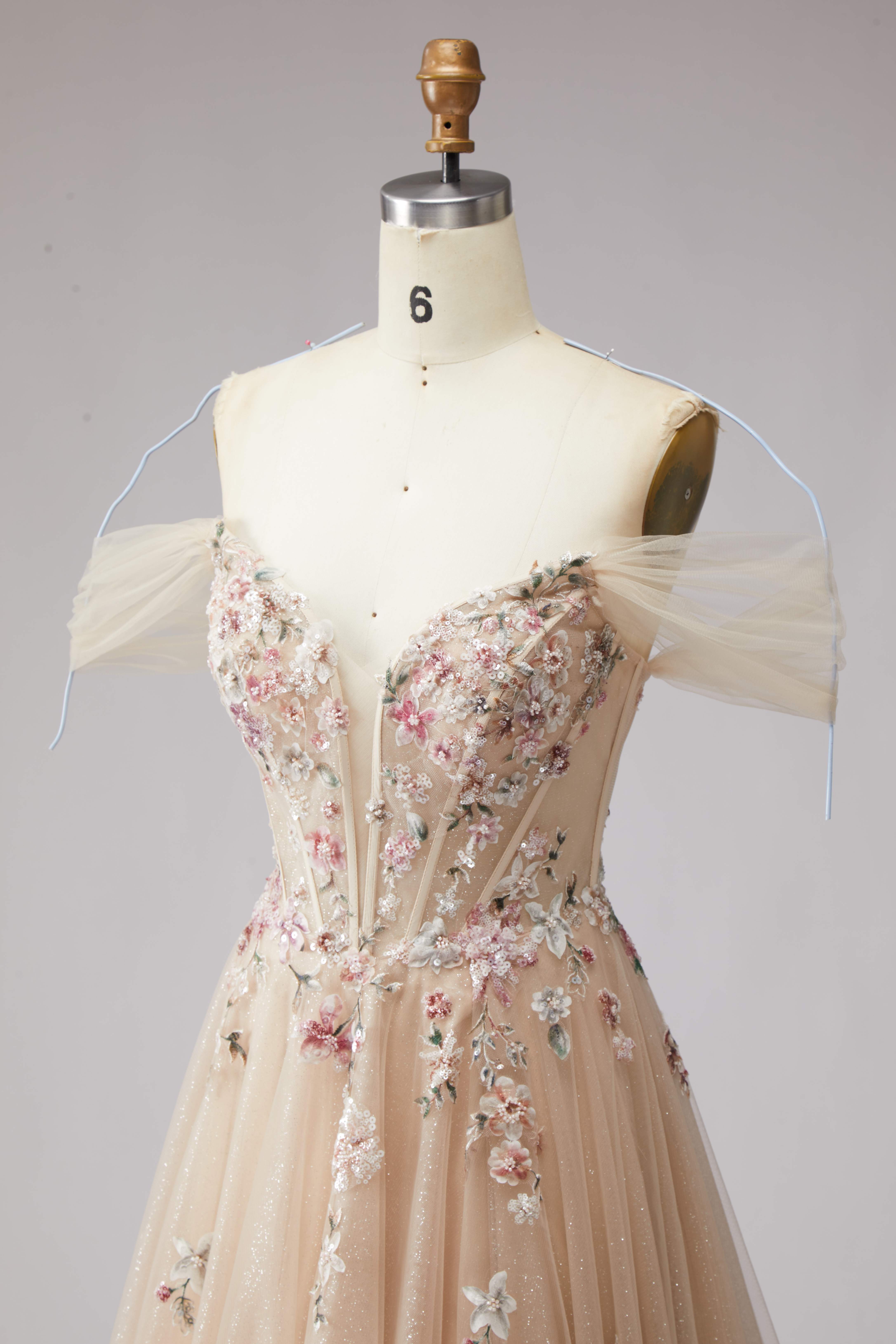 SPU - 608S20LF010 Champagne Floral Off‑Shoulder Tulle Gown