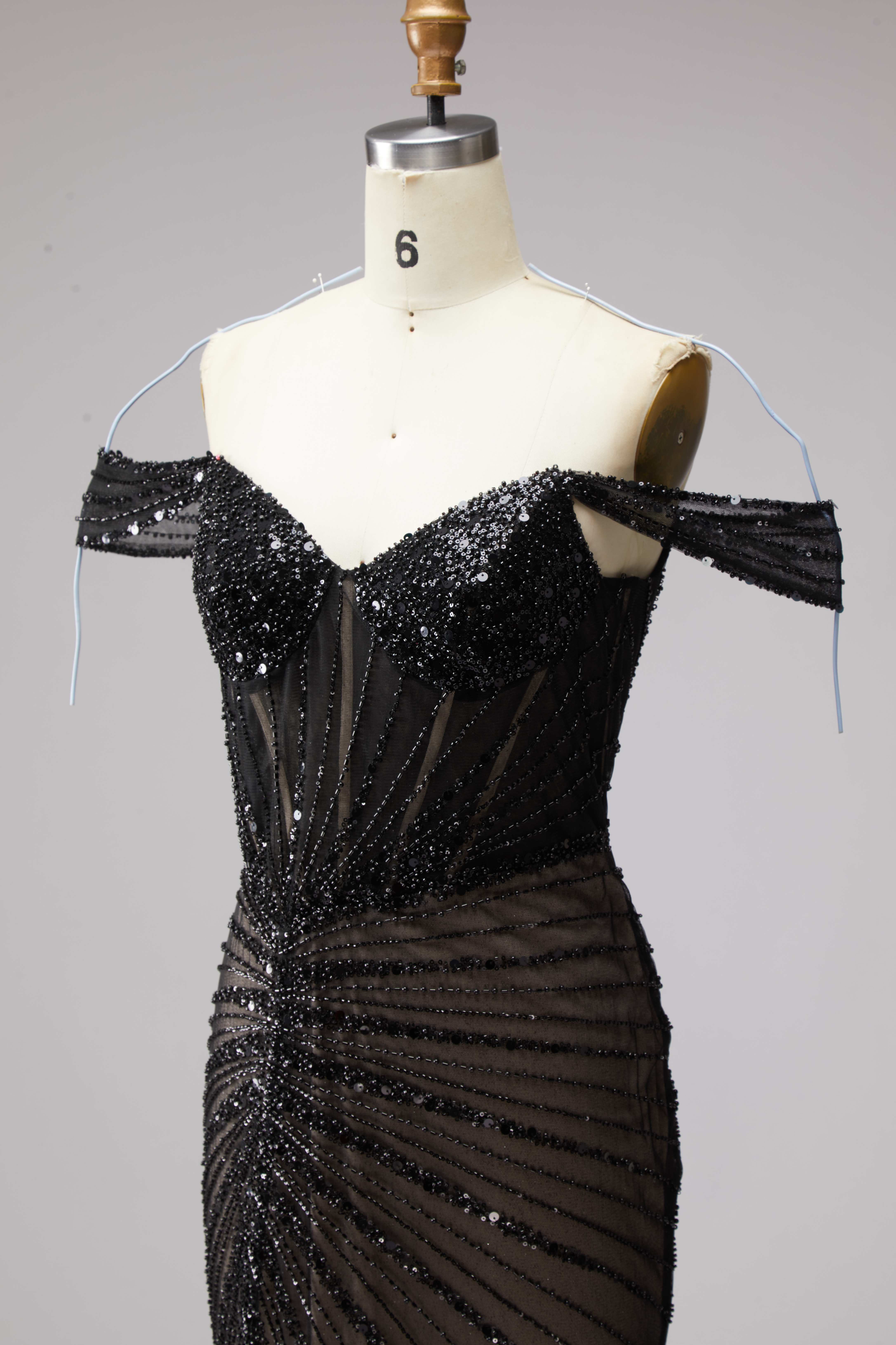 SPU - 608S20LF011 Black Beaded Sheer Off‑Shoulder Mermaid Gown