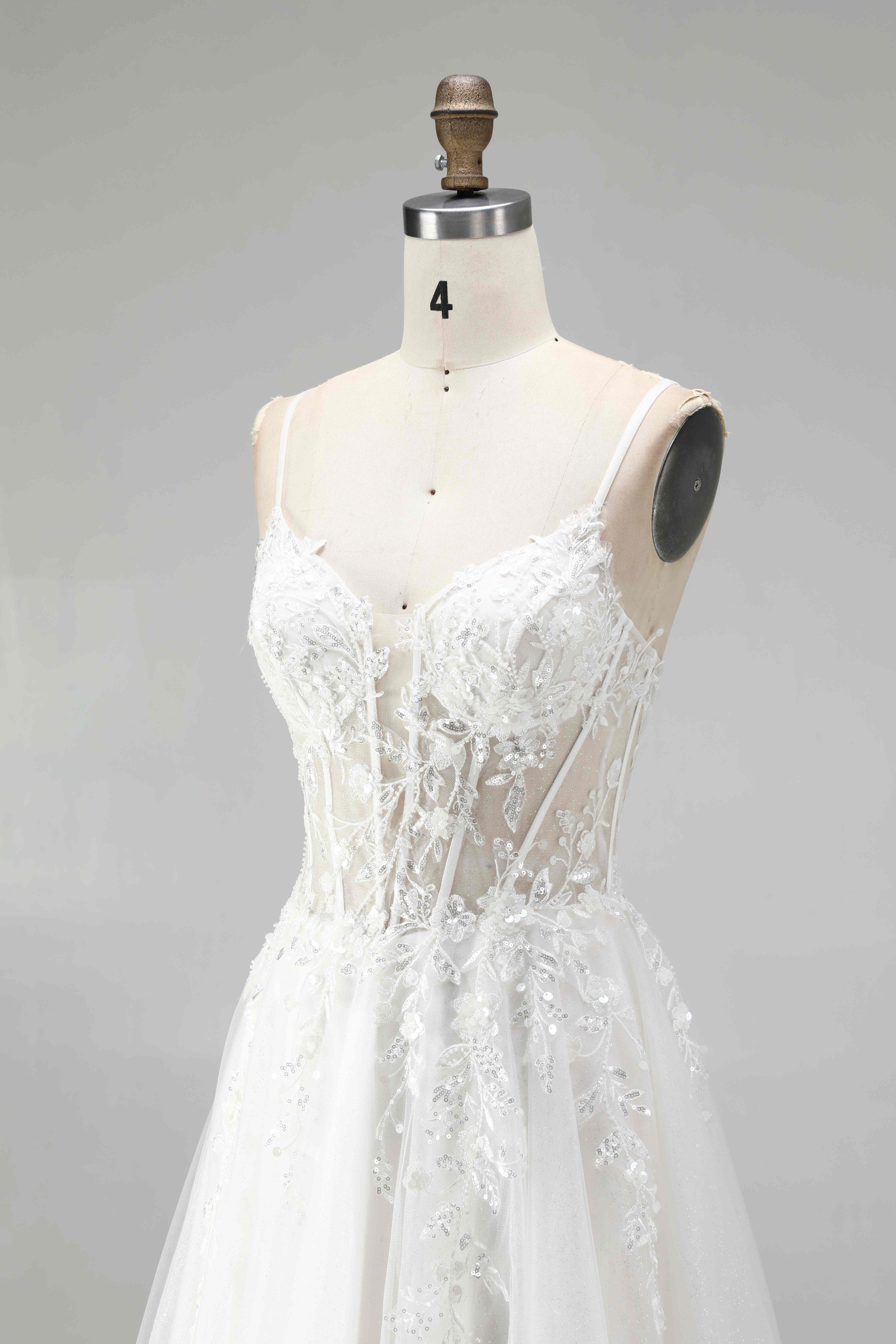 SPU - 608S20LF017 White Lace Spaghetti Strap A‑Line Wedding Gown