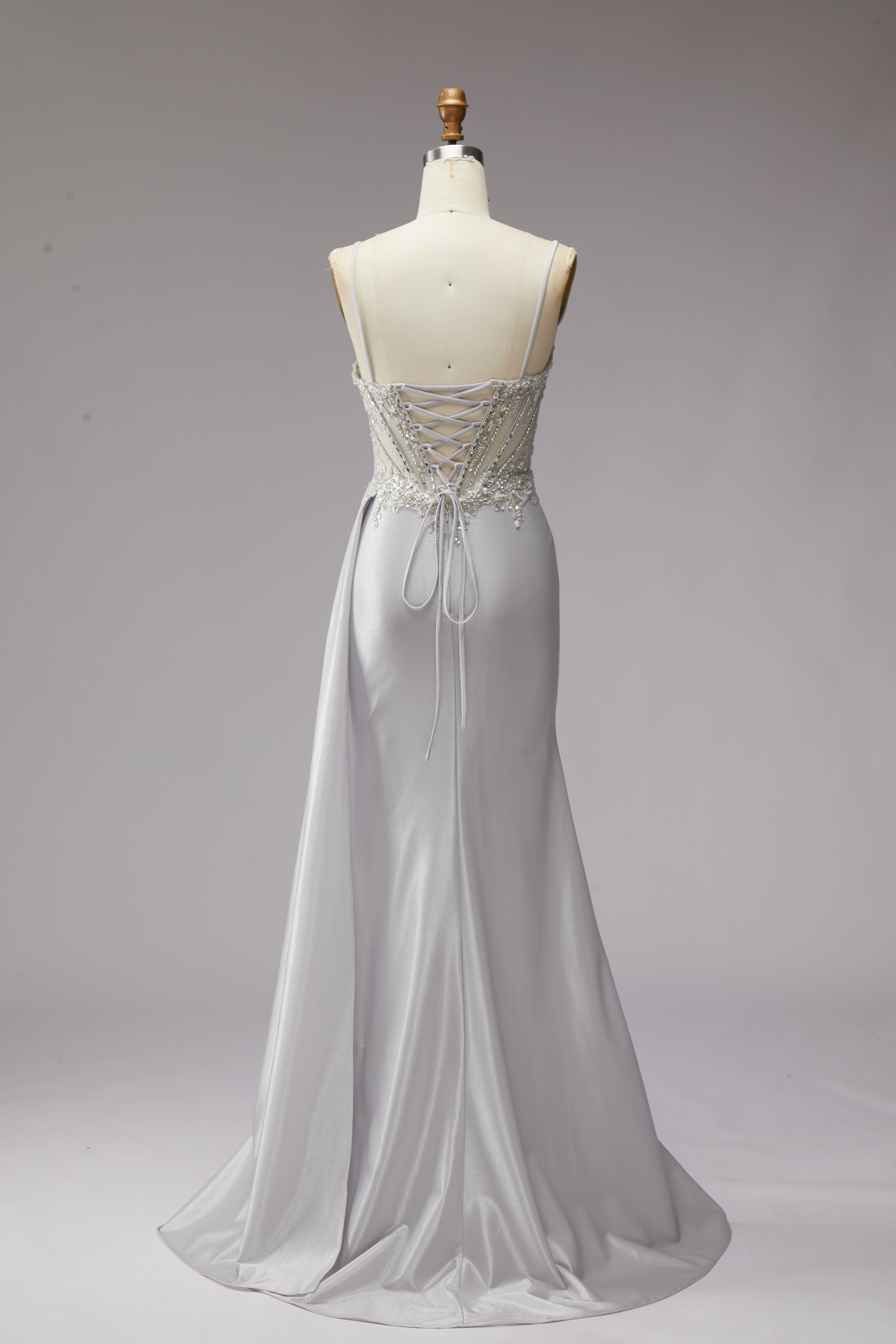SPU - 608S20LF023 Silver Beaded Slit Prom Gown