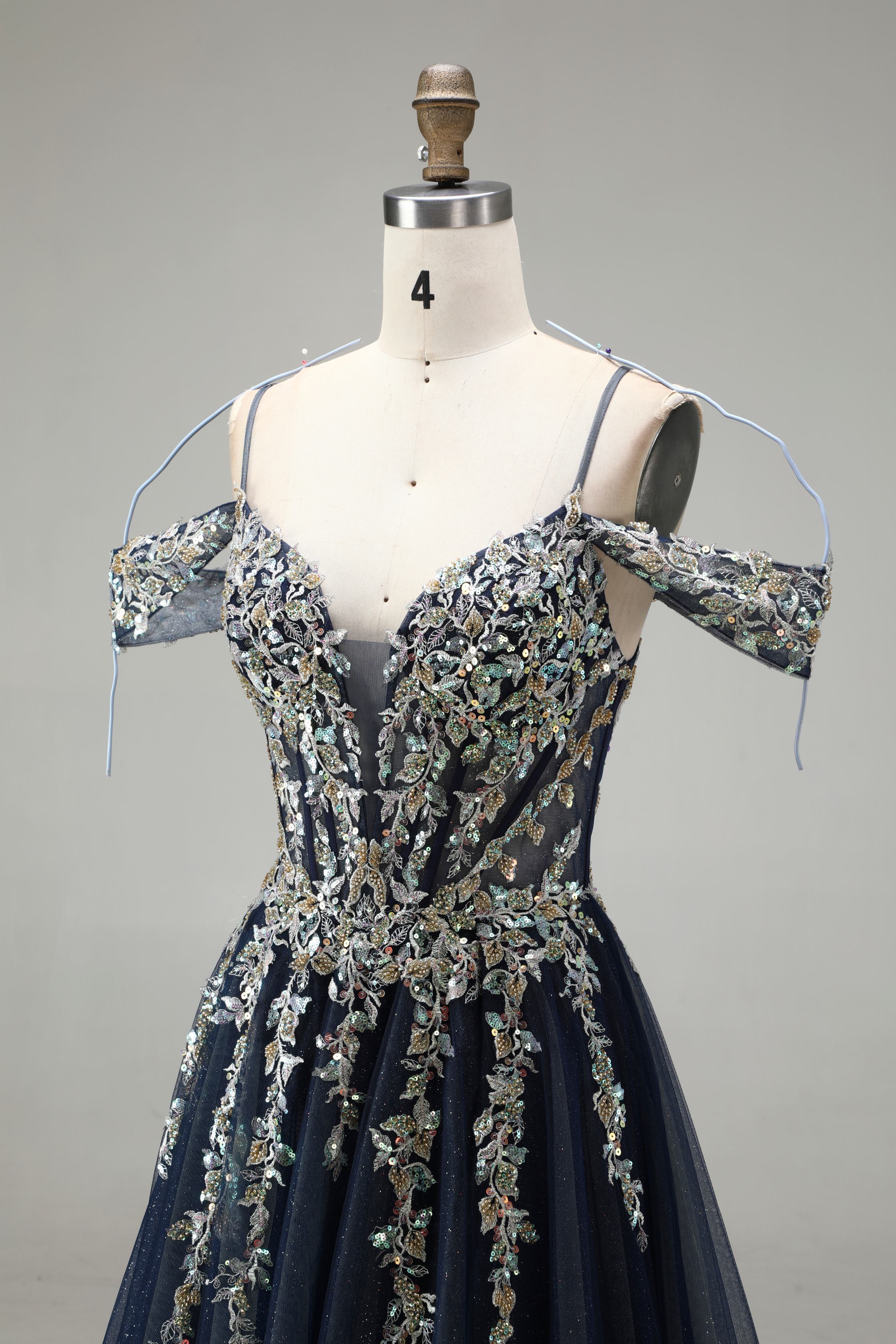 SPU - 608S20LF009 Navy Blue Gold Lace Off‑Shoulder Gown
