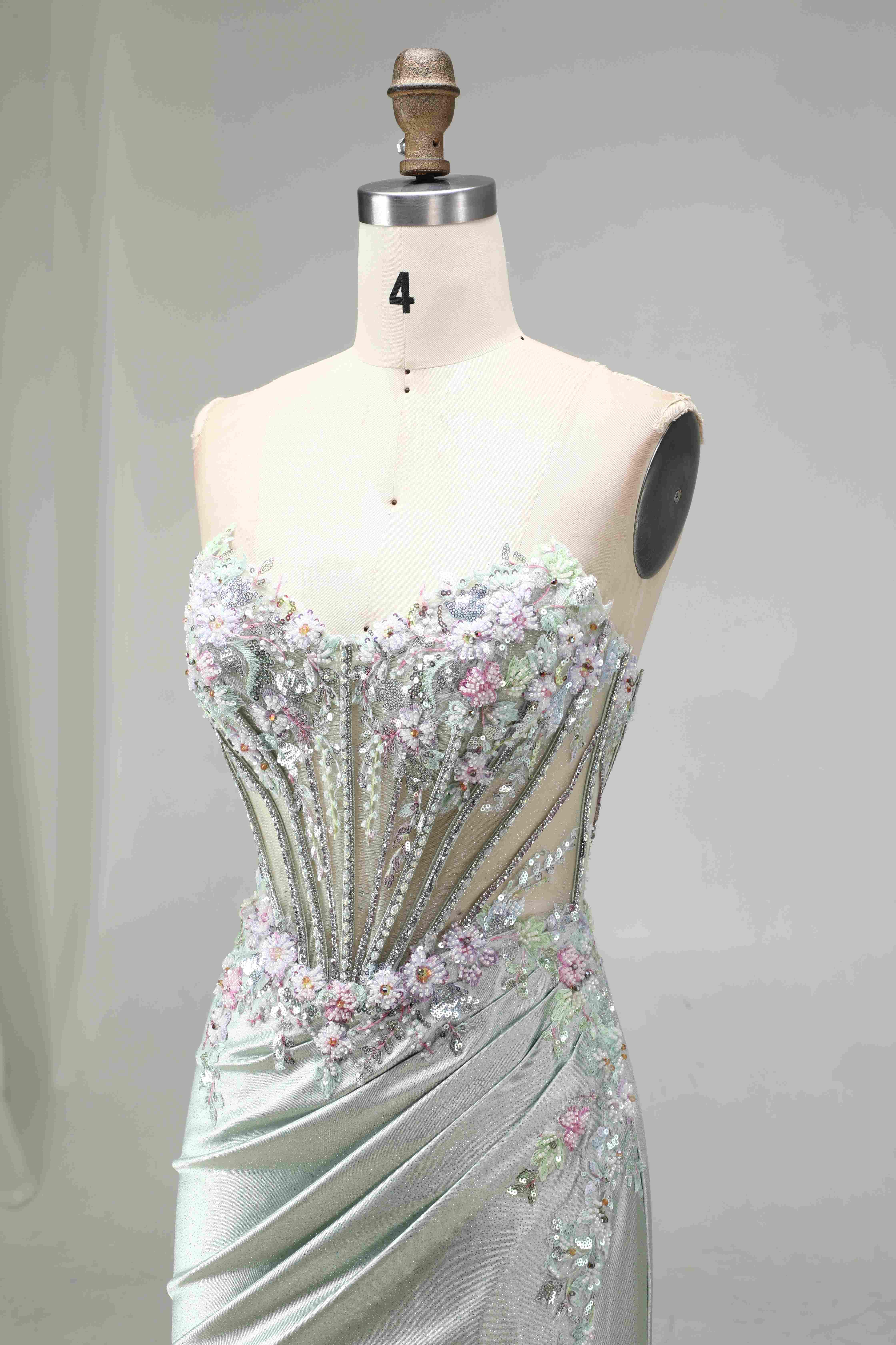 SPU - 608S20LF027 Sage Beaded Corset Slit Mermaid Gown