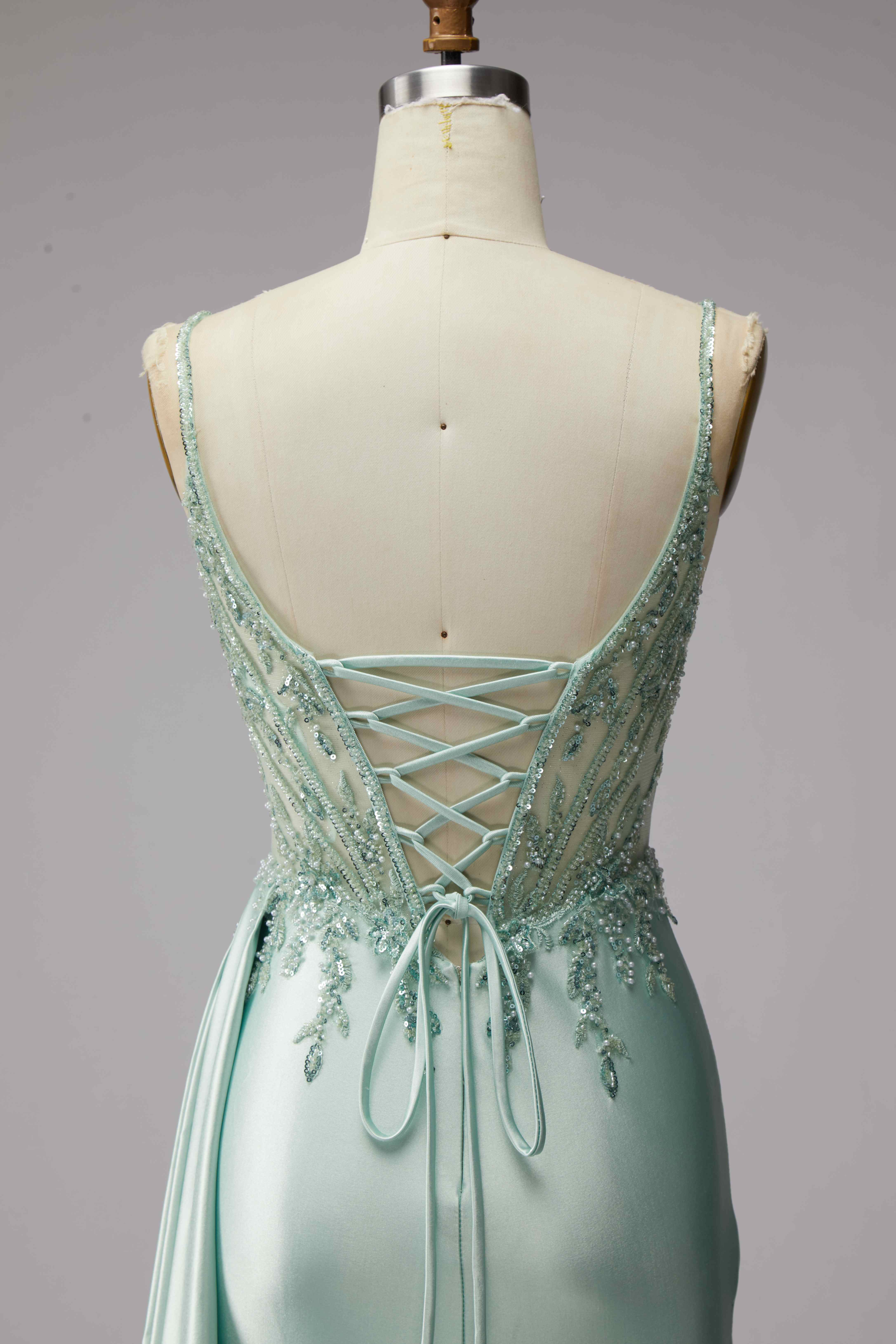 SPU - 608S20LF028 Sage Spaghetti Strap Slit Evening Dress 