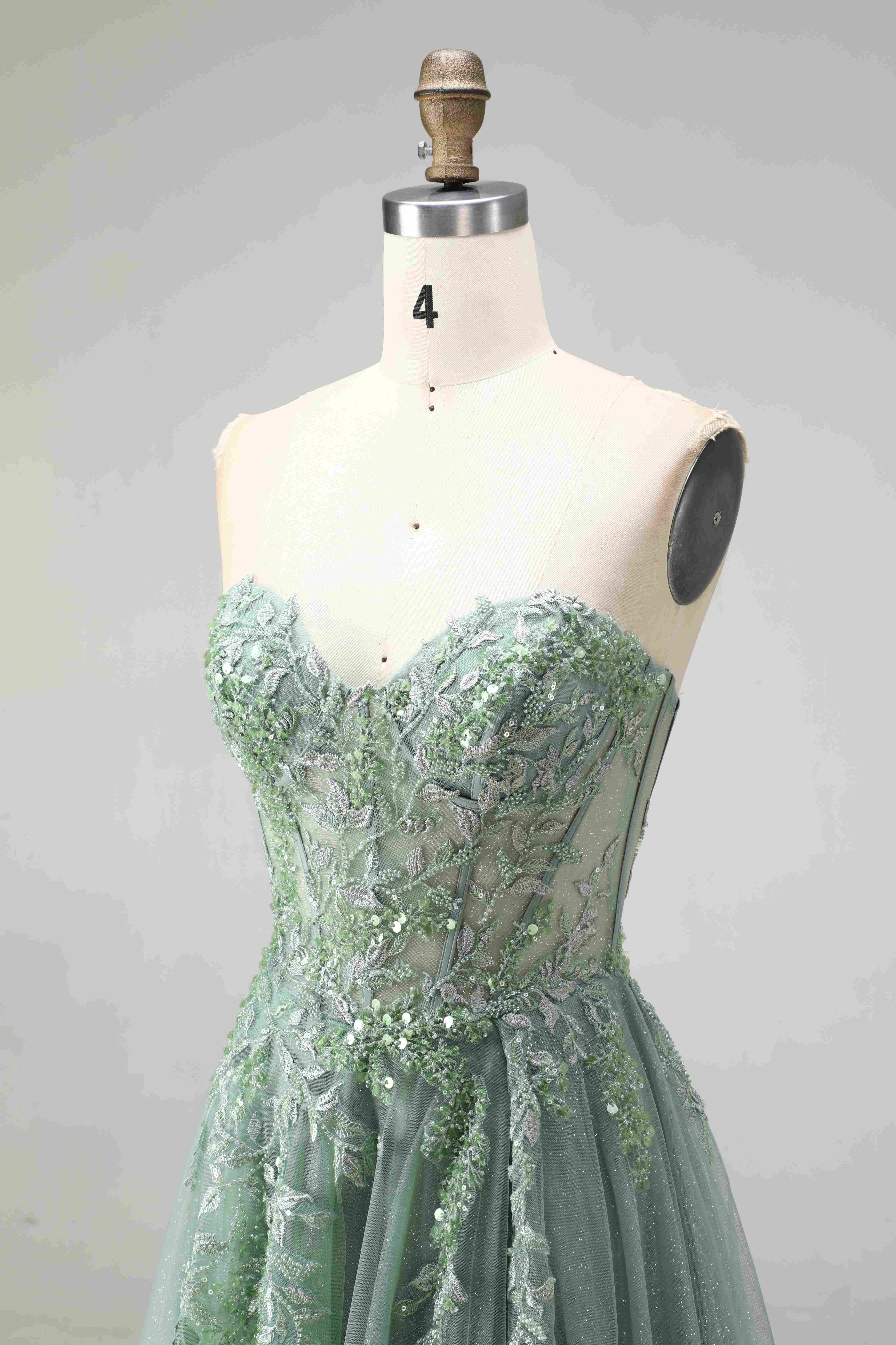 SPU - 608S20LF030 Sage Lace Appliqued Tulle Prom Dress