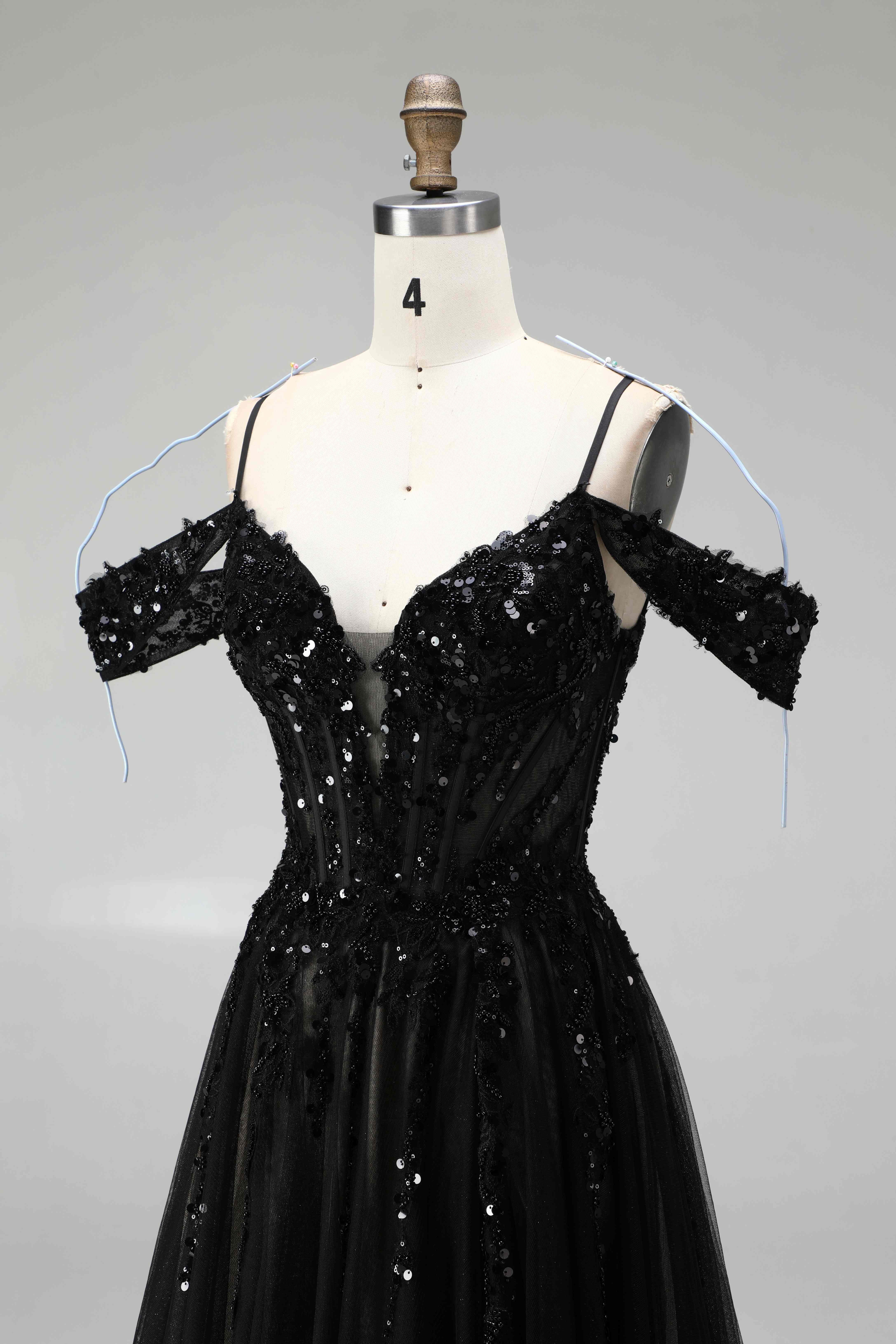 SPU - 608S20LF031 Black Off‑the‑Shoulder Tulle Evening Gown