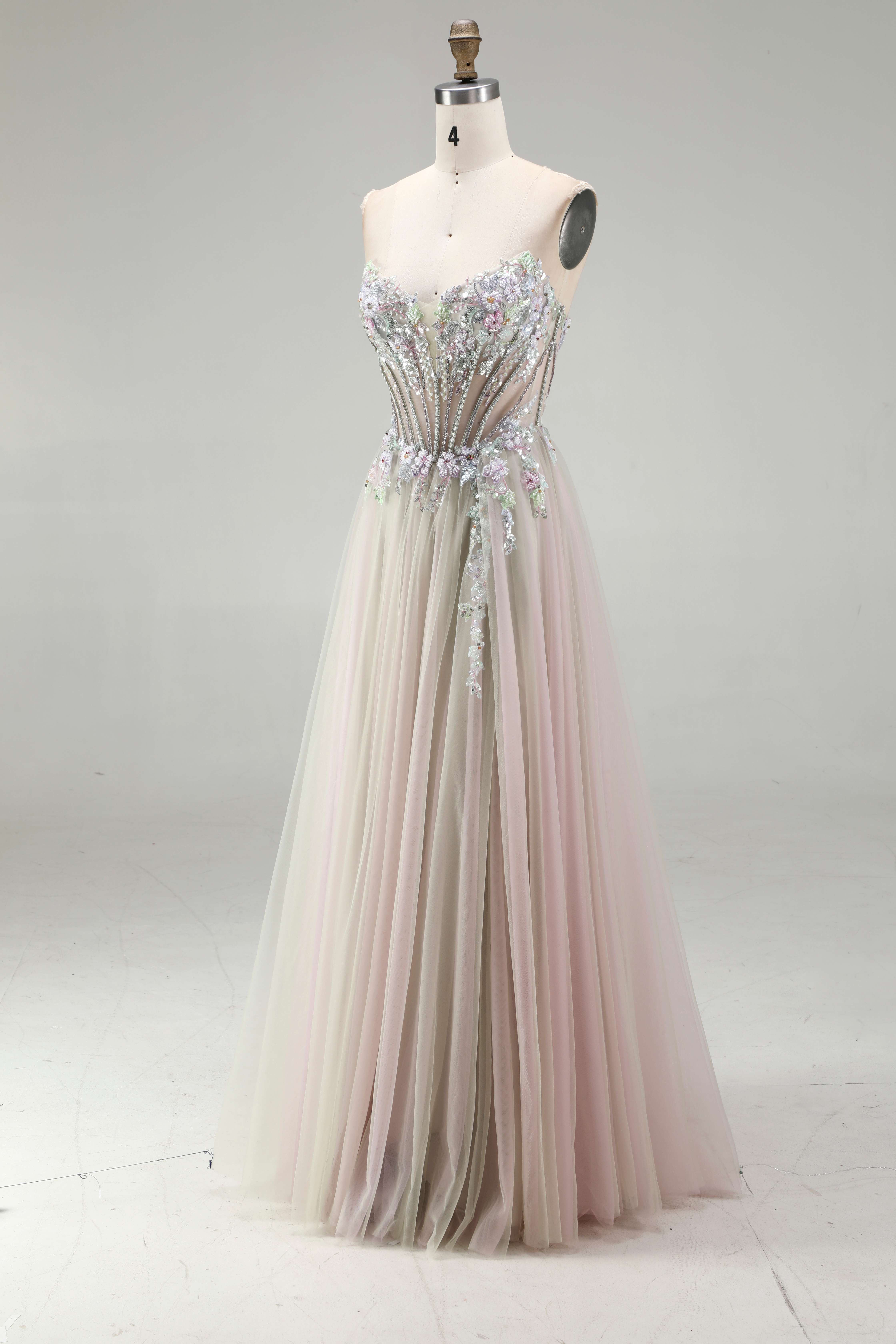 SPU - 608S20LF032 Pastel Floral Beaded Tulle Prom Gown