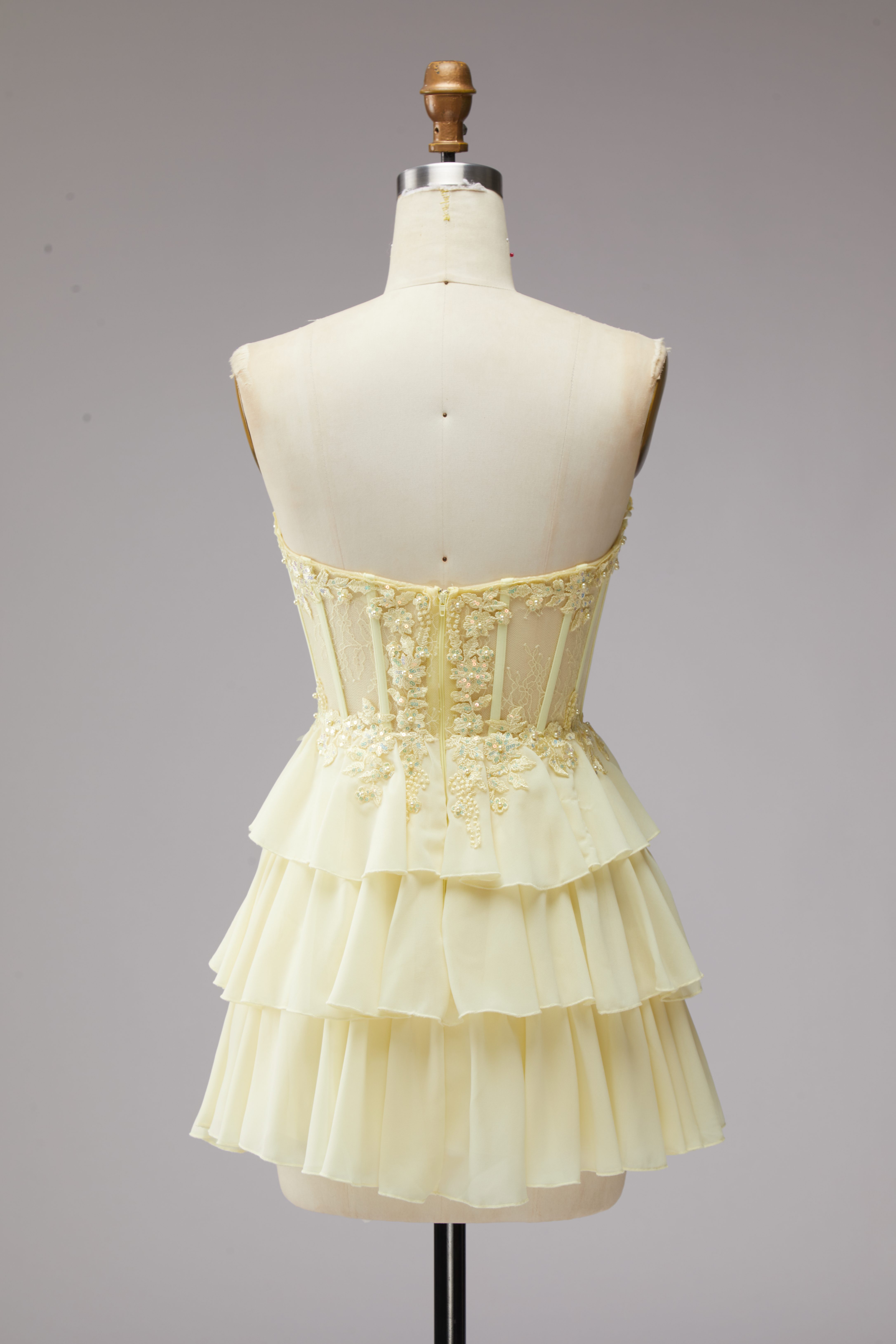 SPU - 608S02LF0034 Pale Yellow Lace Tiered Short Party Dress