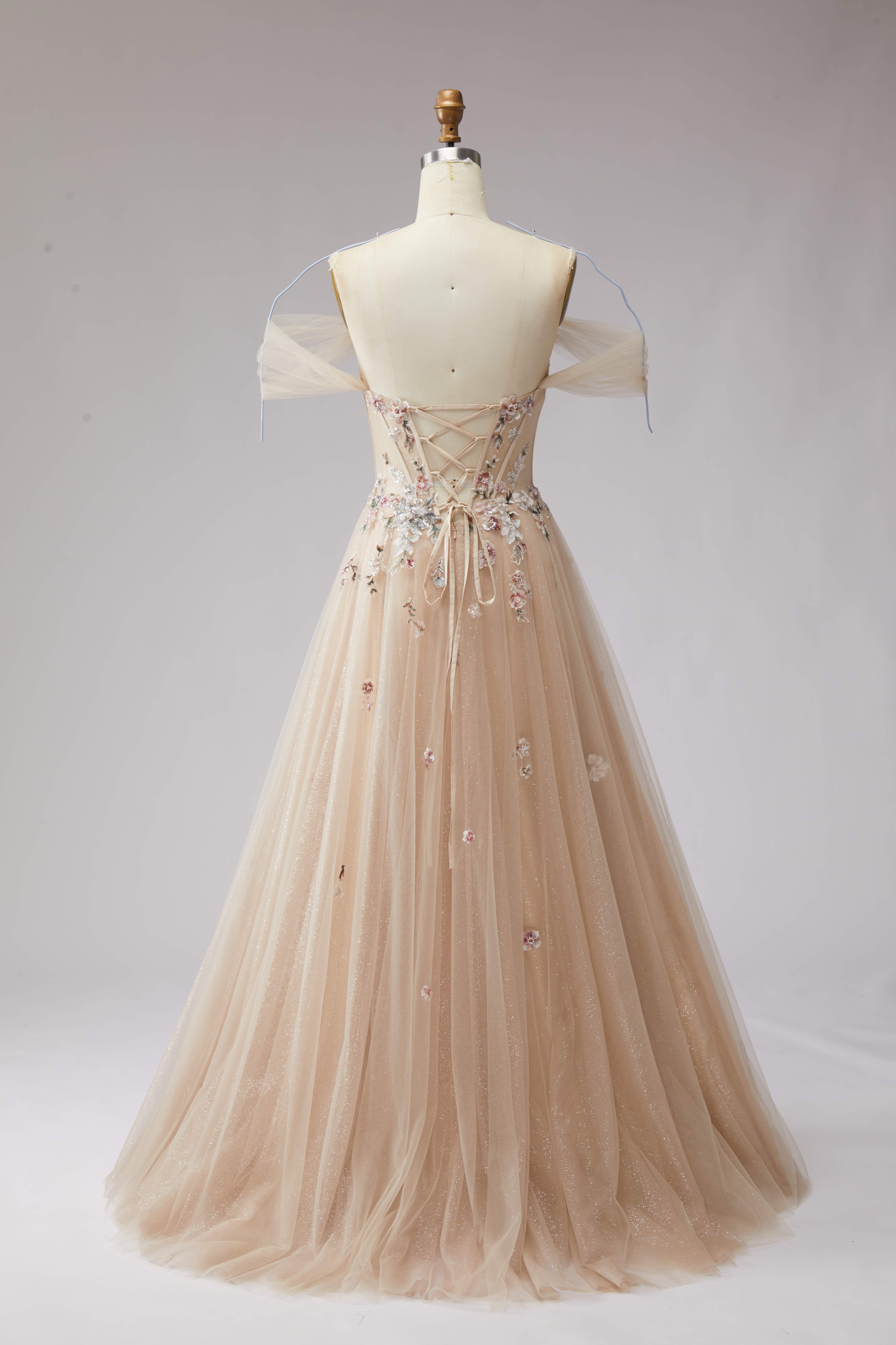 SPU - 608S20LF010 Champagne Floral Off‑Shoulder Tulle Gown