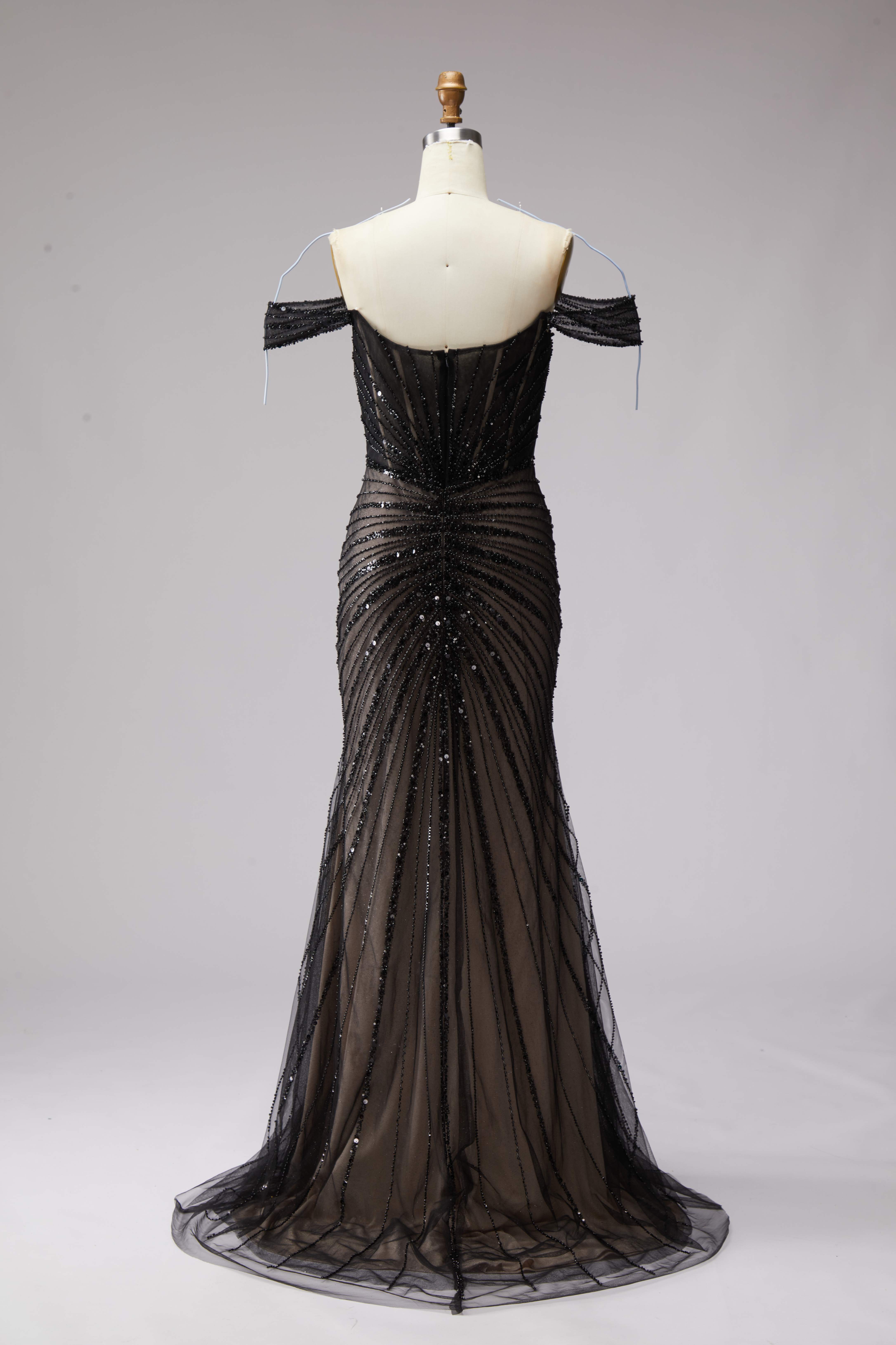 SPU - 608S20LF011 Black Beaded Sheer Off‑Shoulder Mermaid Gown