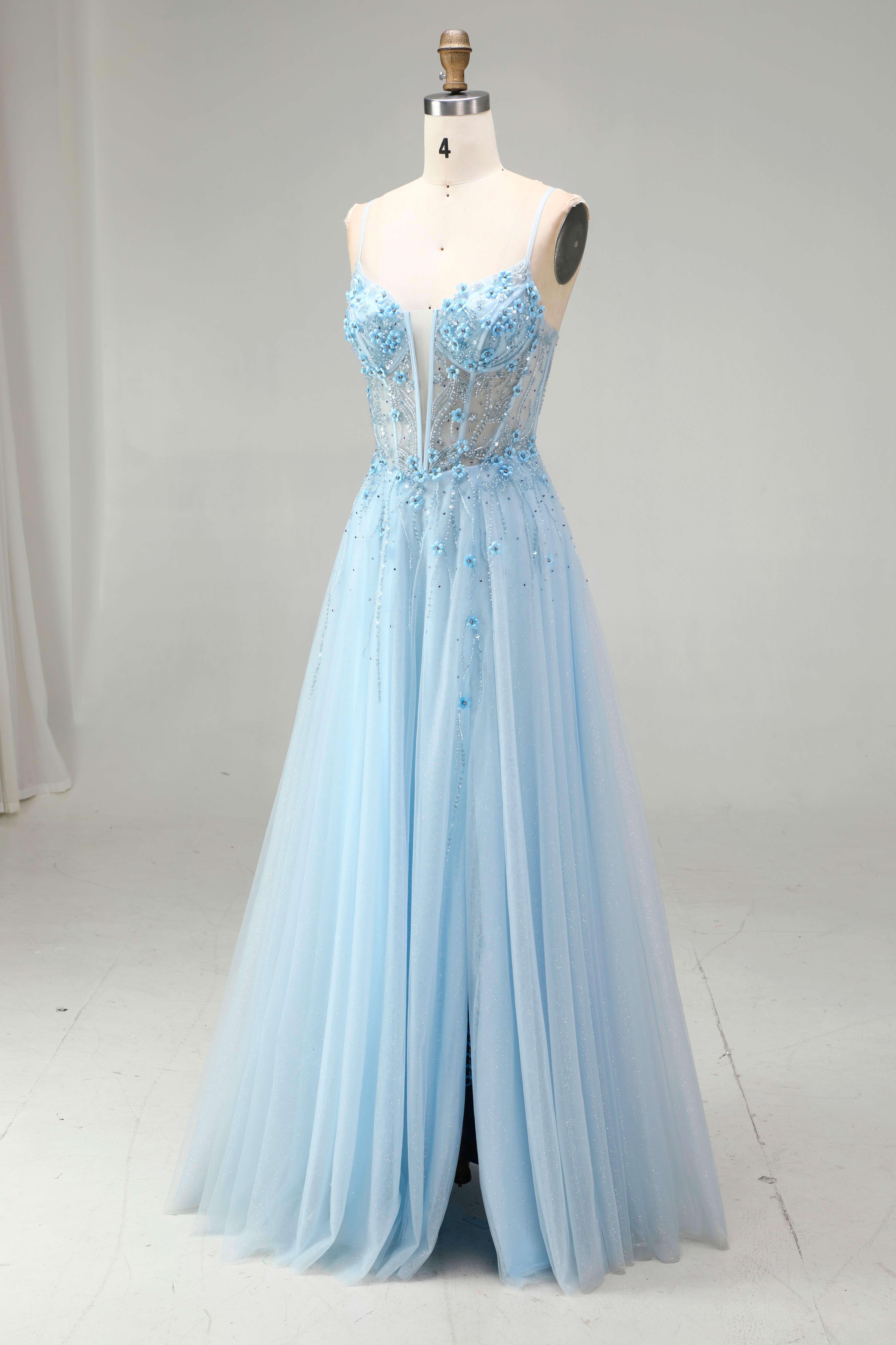 SPU - 608S20LF012 Sky Blue Beaded Spaghetti Strap A‑Line Gown