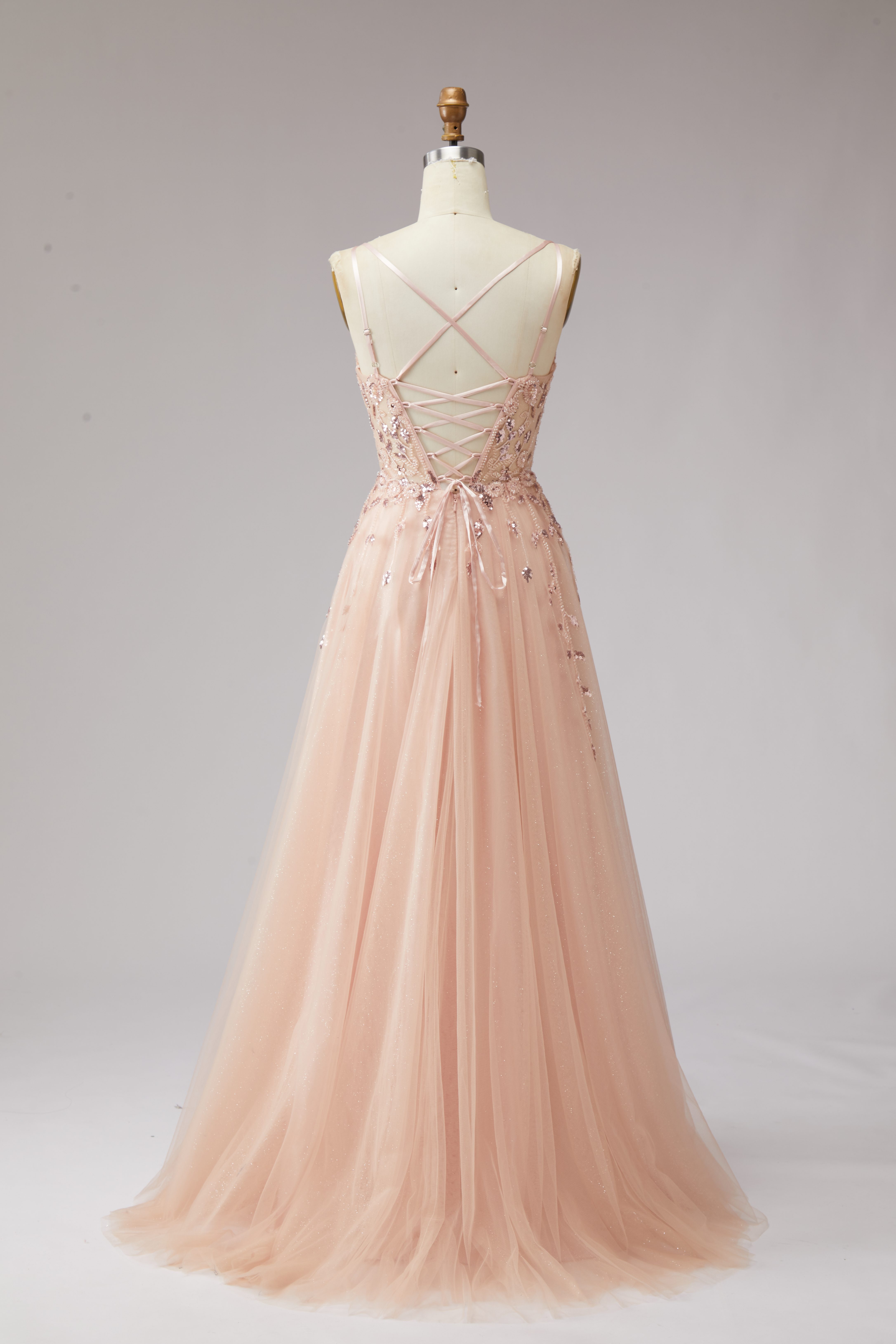 SPU - 608S20LF013 Blush Pink Sequin Spaghetti Strap Prom Gown