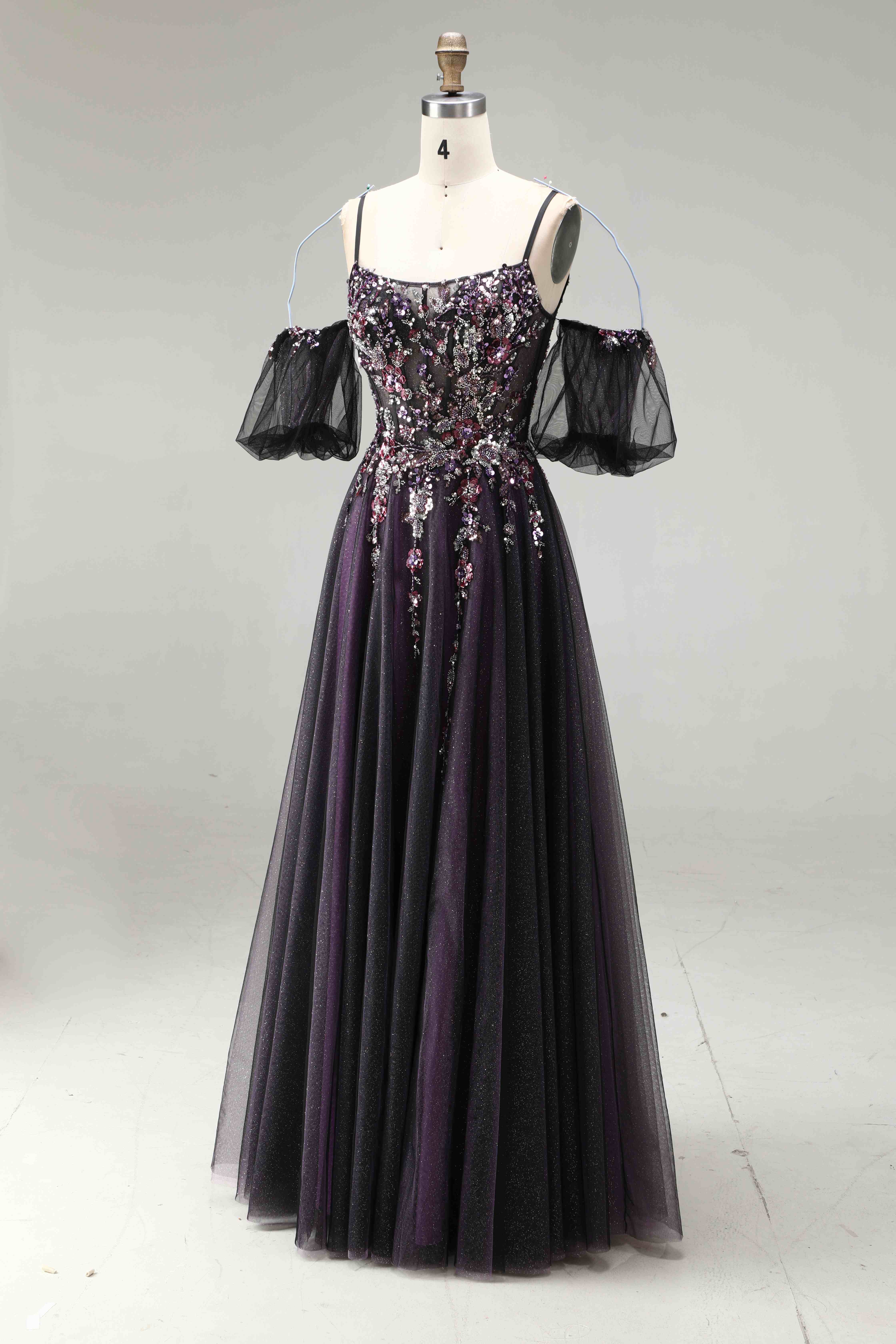 SPU - 608S20LF016 Dark Purple Floral Off‑Shoulder Tulle Gown