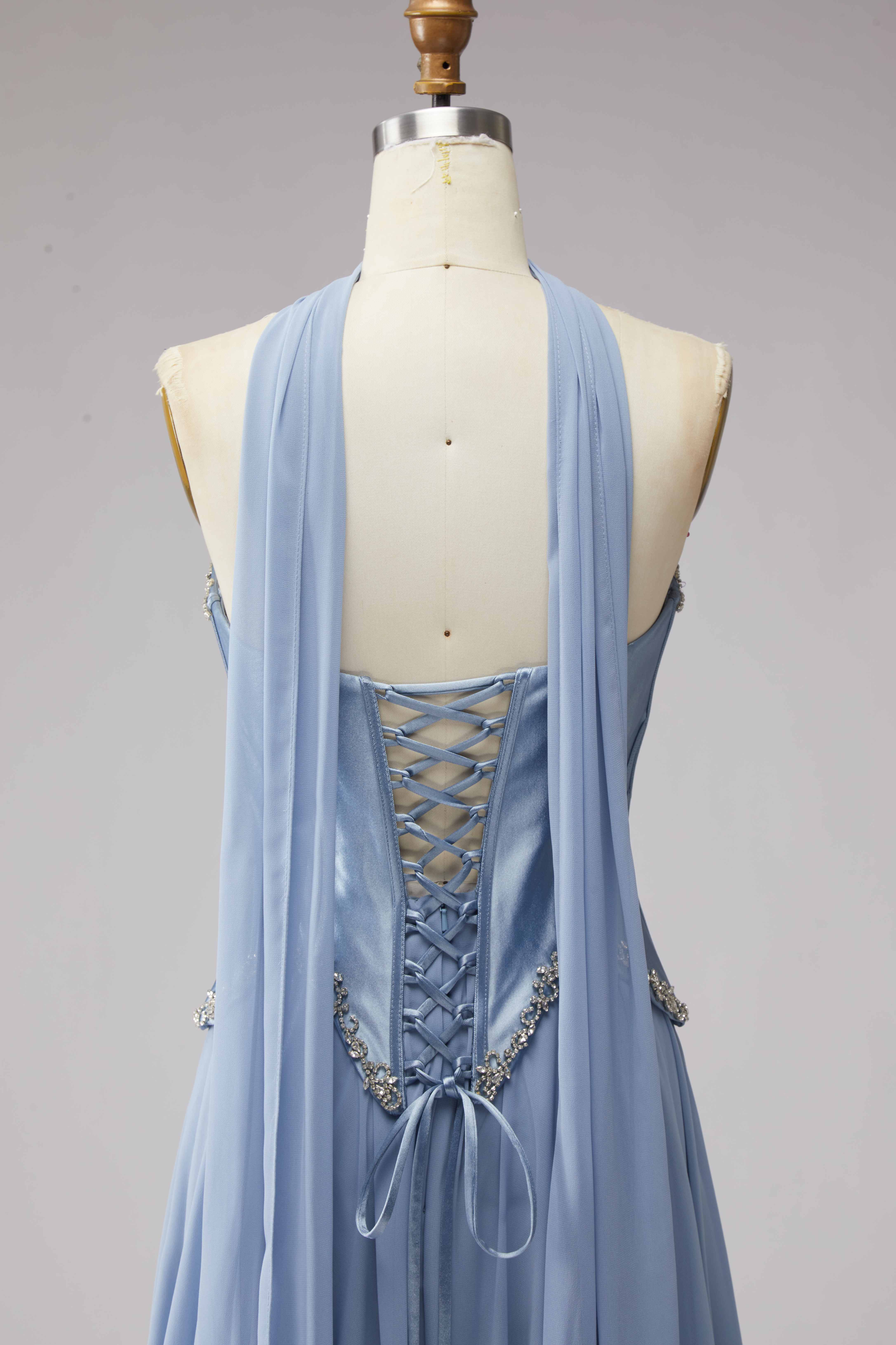 SPU - 608S20LF007 Slate Blue Strapless Sash Chiffon Gown