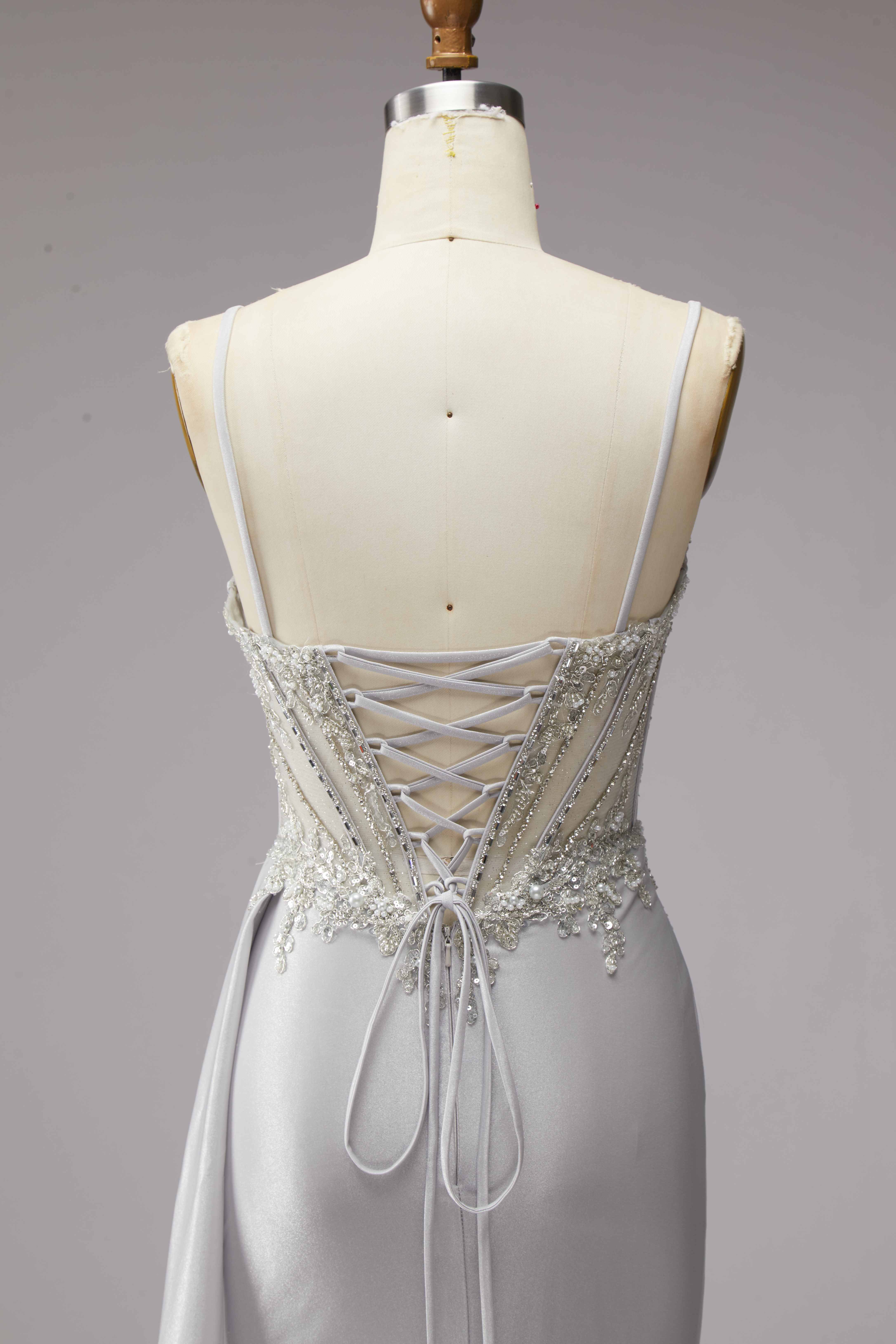 SPU - 608S20LF023 Silver Beaded Slit Prom Gown