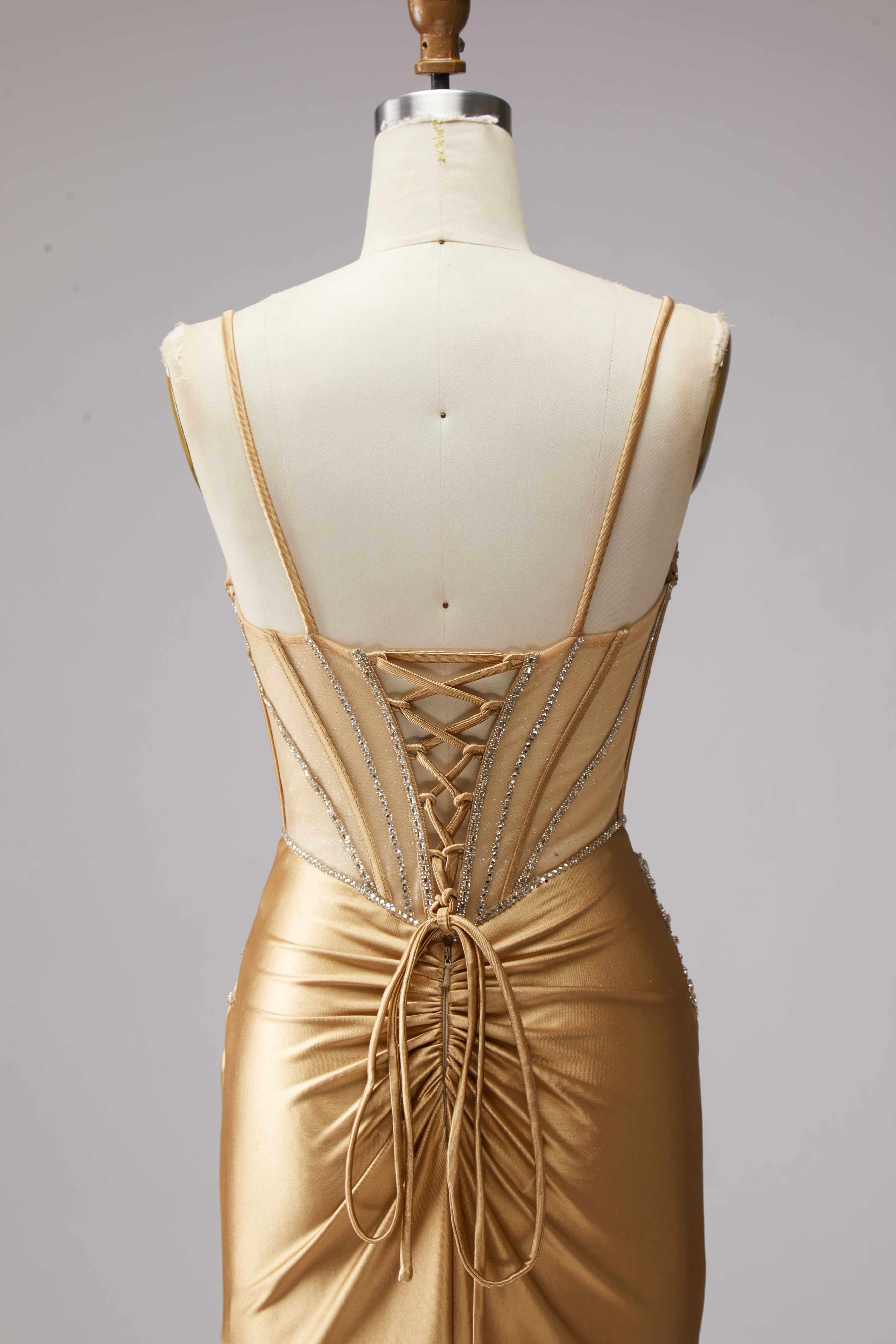 SPU - 608S20LF026 Gold Beaded Satin Evening Gown