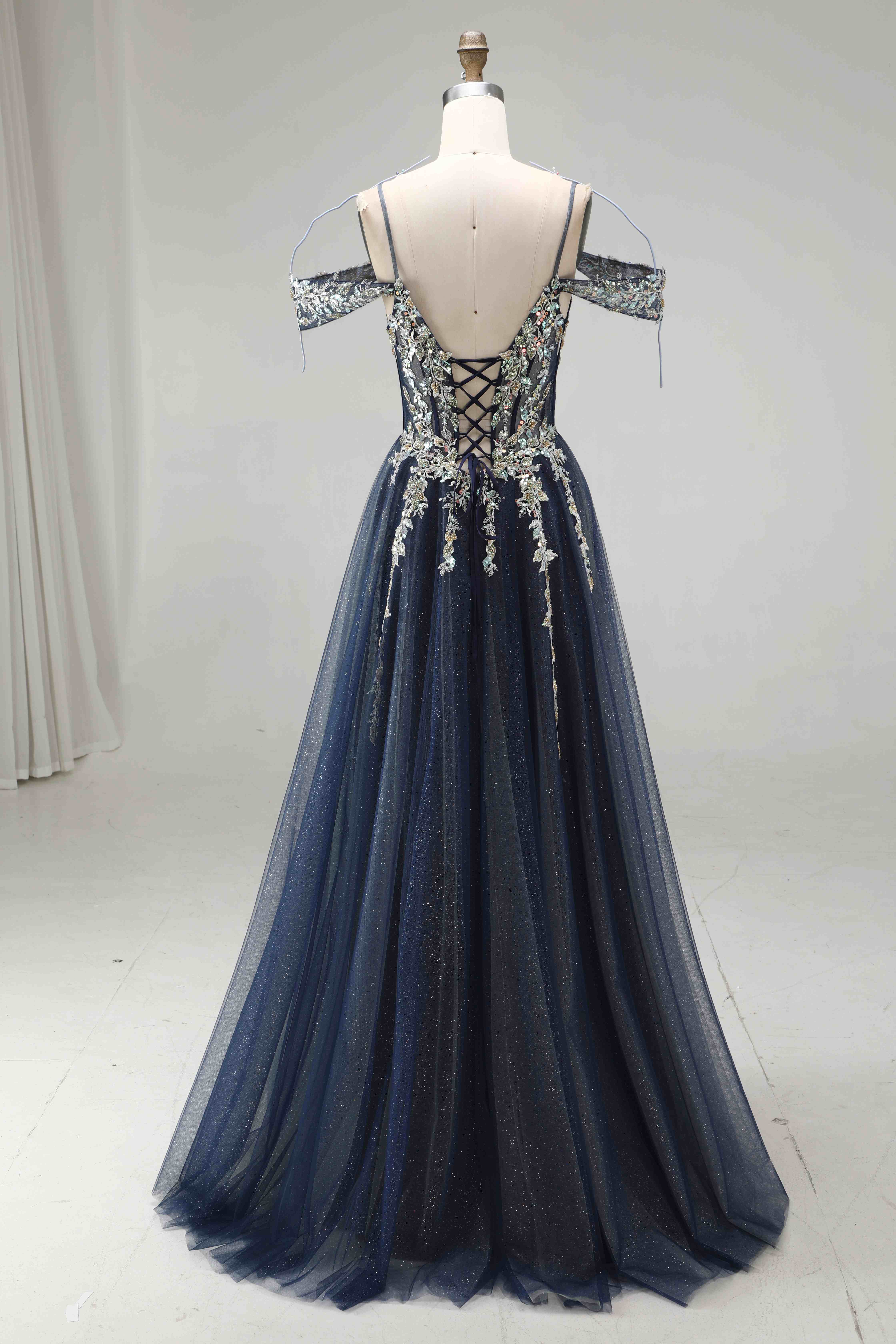 SPU - 608S20LF009 Navy Blue Gold Lace Off‑Shoulder Gown