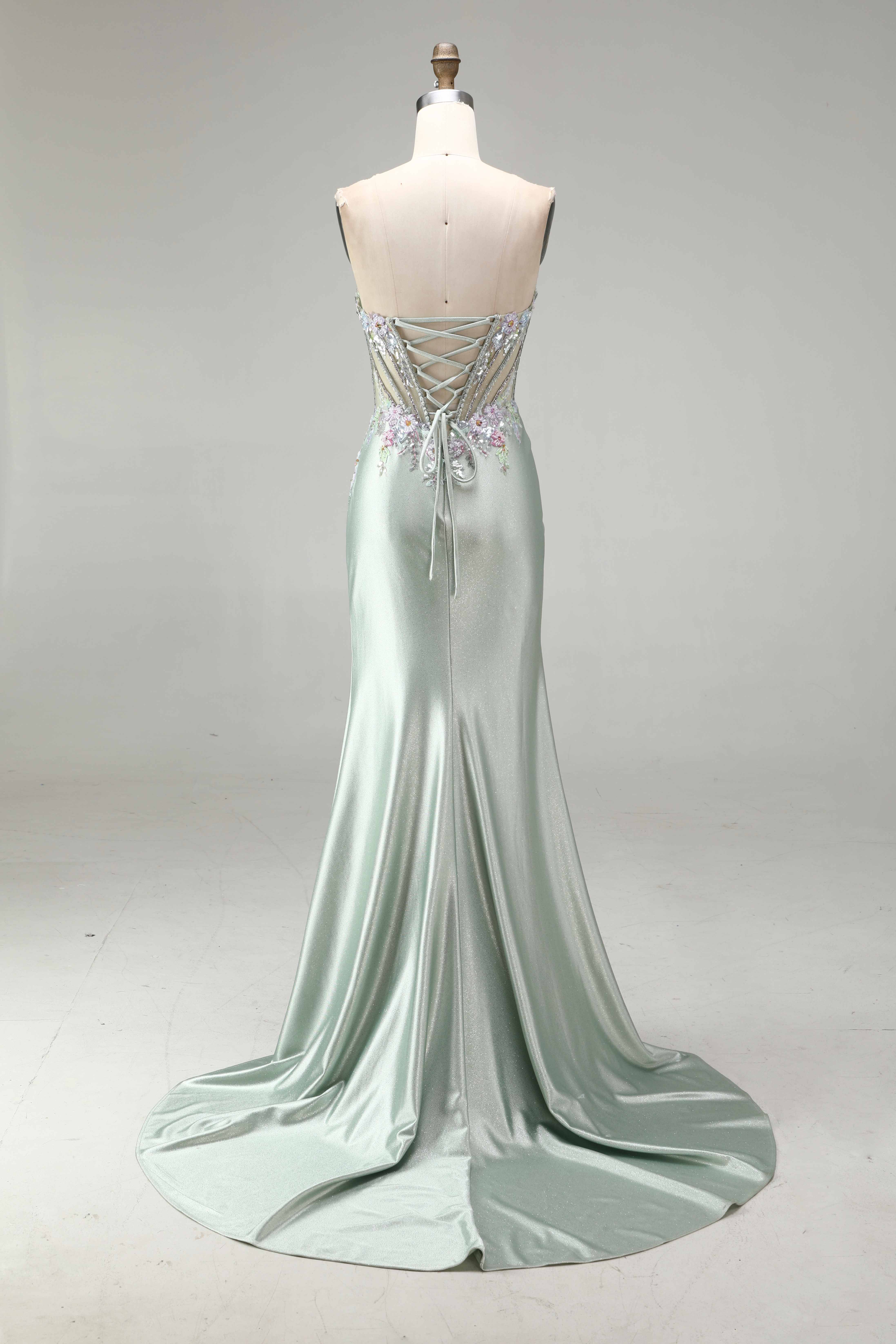 SPU - 608S20LF027 Sage Beaded Corset Slit Mermaid Gown