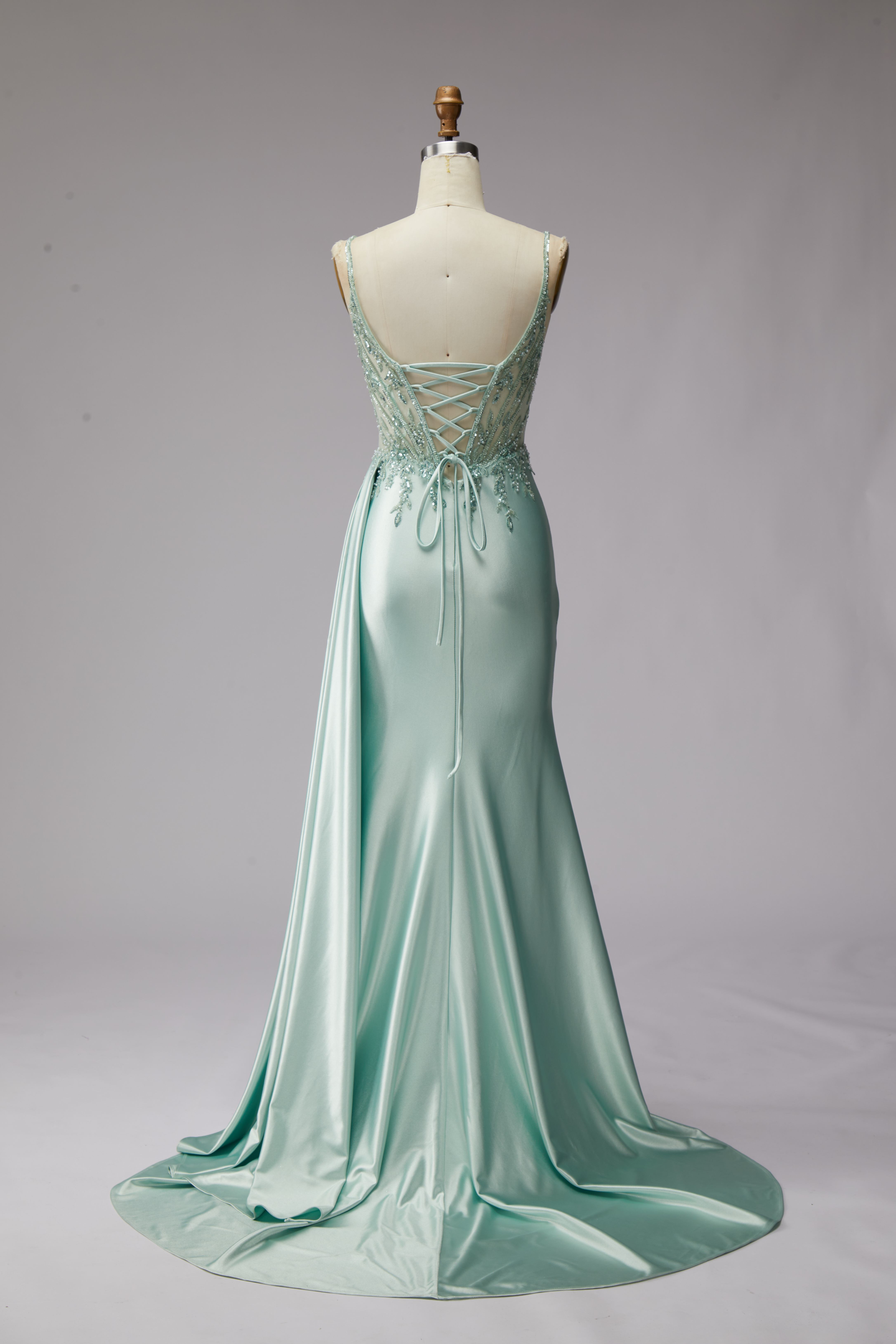 SPU - 608S20LF028 Sage Spaghetti Strap Slit Evening Dress 