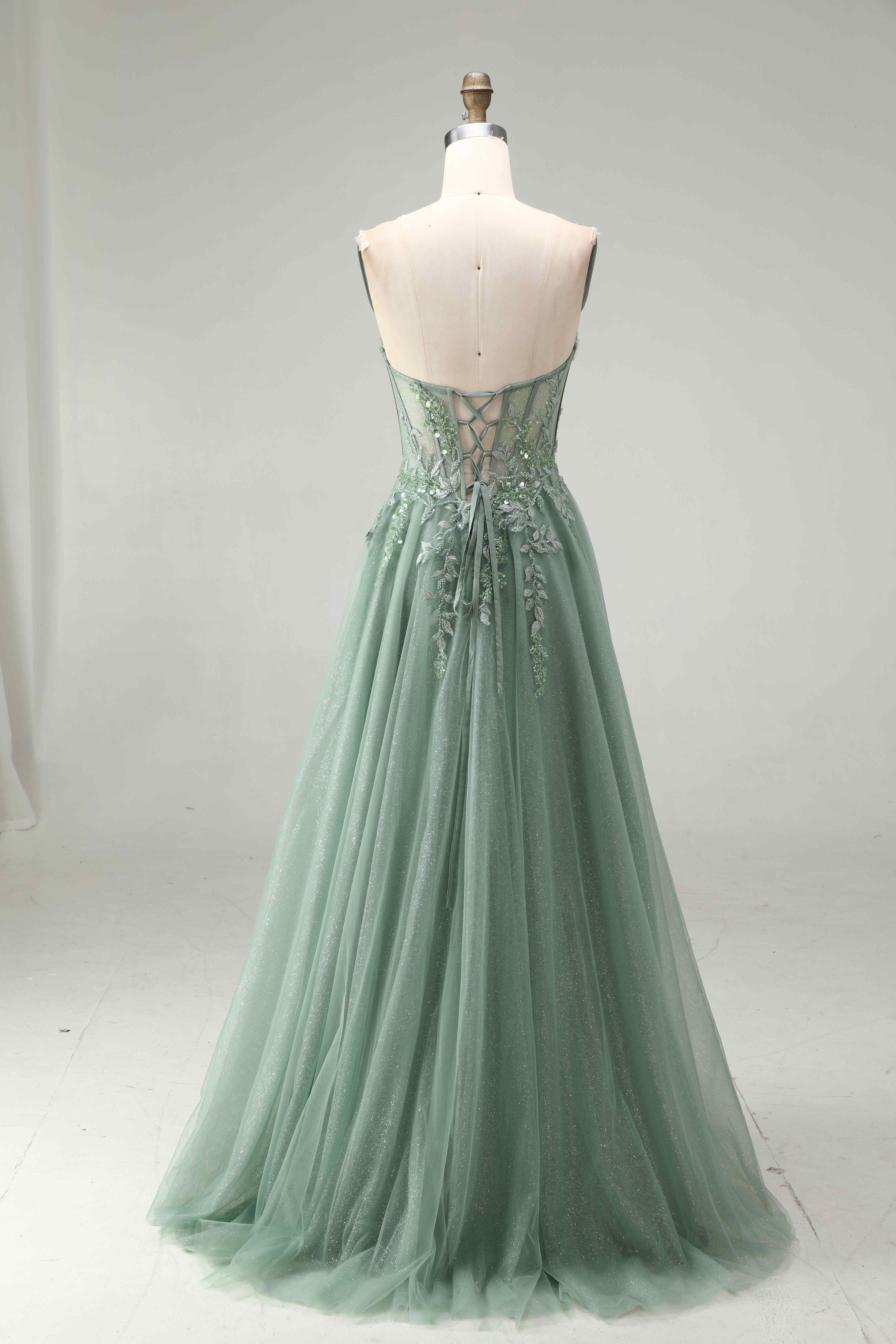 SPU - 608S20LF030 Sage Lace Appliqued Tulle Prom Dress