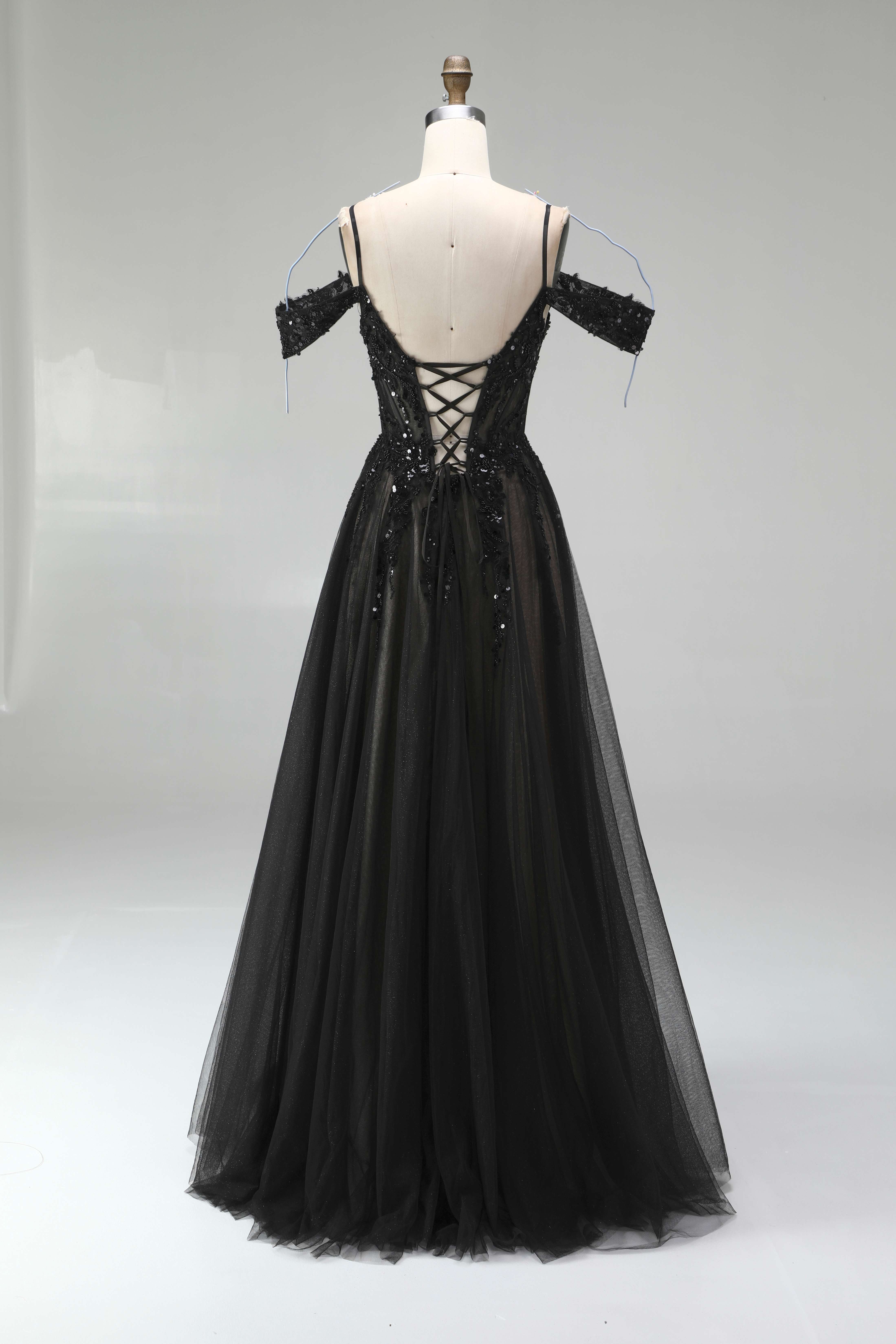 SPU - 608S20LF031 Black Off‑the‑Shoulder Tulle Evening Gown