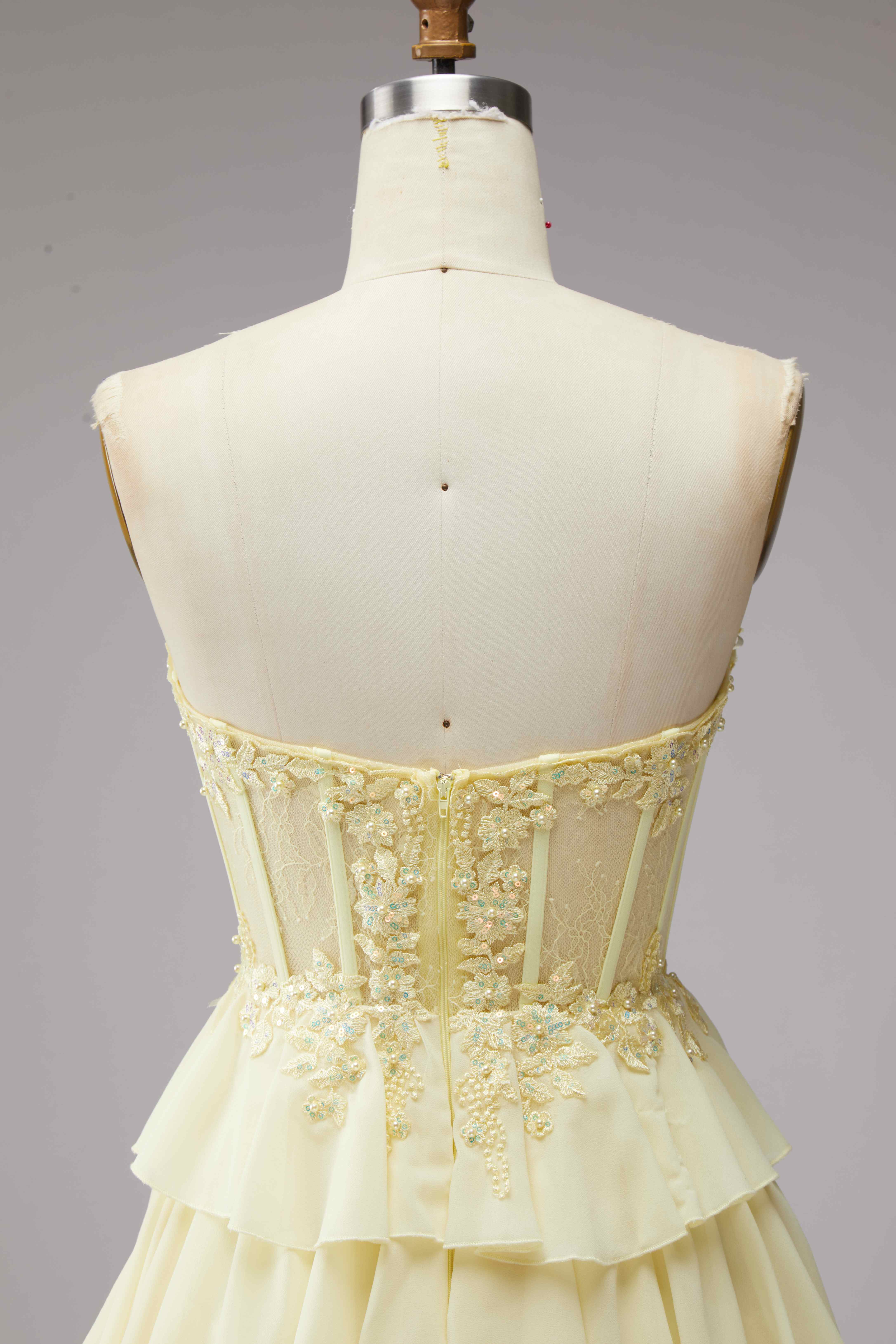 SPU - 608S02LF0034 Pale Yellow Lace Tiered Short Party Dress